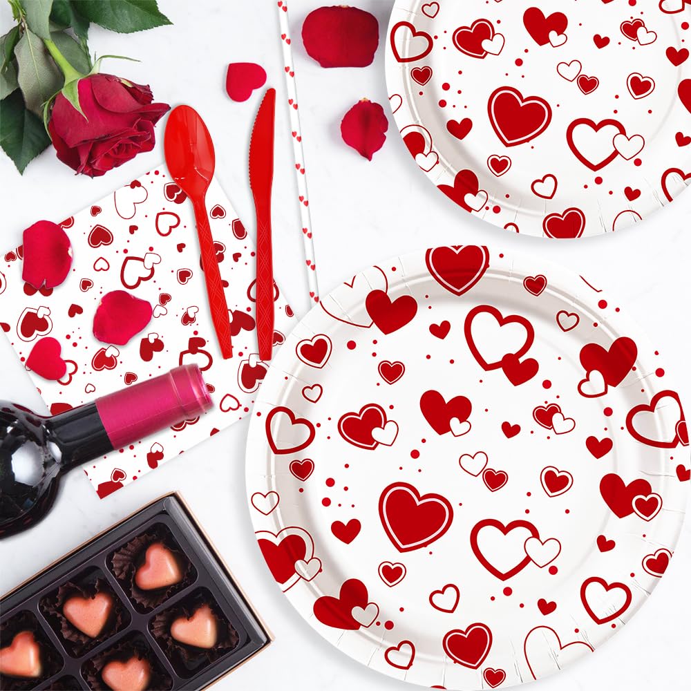 112-Piece Heart Plates & Napkins Party Set - Includes Plates, Cups, Napkins & Straws - Baby Shower, Birthday Party Decorations (Serves 16) - Perfect for Valentine's Day, Bridal Showers & Romantic Dinner Decor