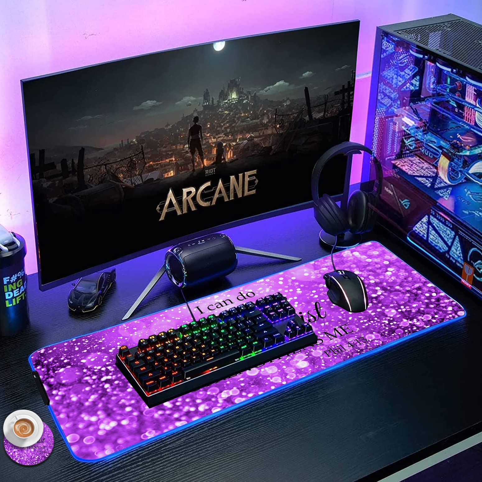 RGB Gaming Mouse Pad with LED Lights - Large Non-Slip Desk Mat for Keyboard & Mouse - Purple Sparkles Design with Philippians 4:13 Bible Verse - Perfect for PC Gaming, Office Work & Home Computer Setup