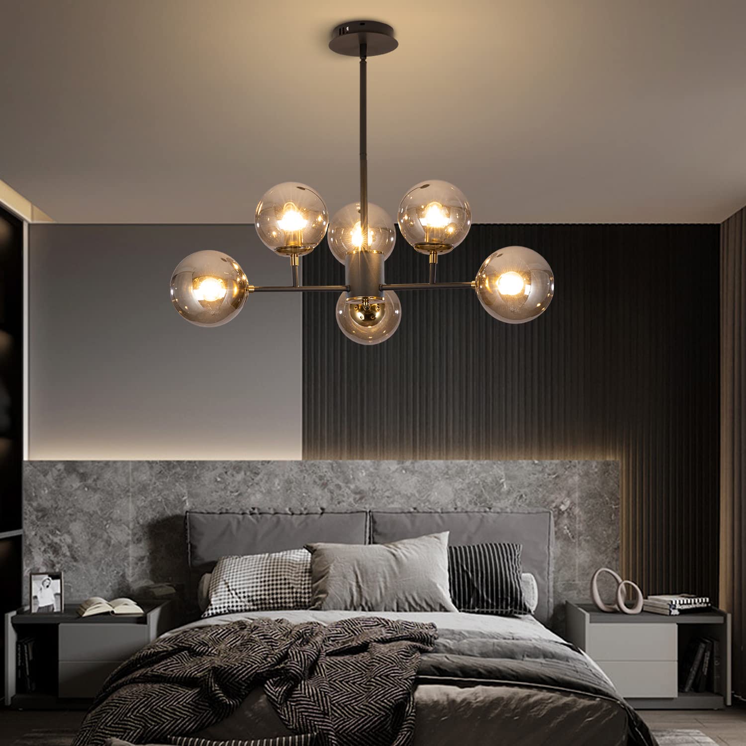 6-Lights Glass Globe Sputnik Chandelier - Mid-Century Modern Matte Black & Amber Glass Pendant Lamp for Kitchen Island, Dining Room, Living Room - Perfect for Farmhouse, Industrial & Vintage Home Decor