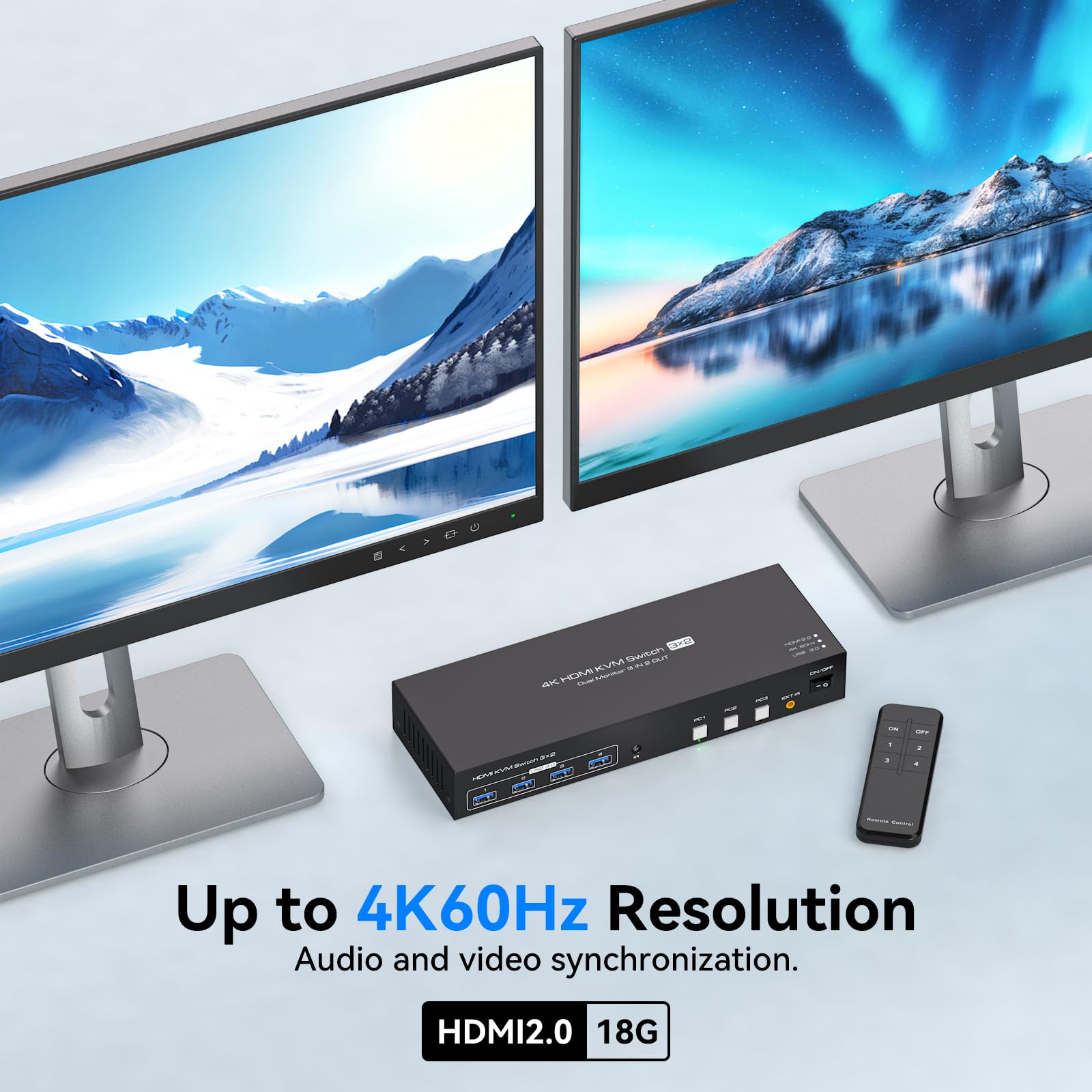 PVBCTCSID 4K60Hz HDMI KVM Switch - 3 Computers to 2 Monitors with EDID, USB 3.0 Hub & Remote Control | Perfect for Multi-PC Workstations, Gaming Setups & Office Environments