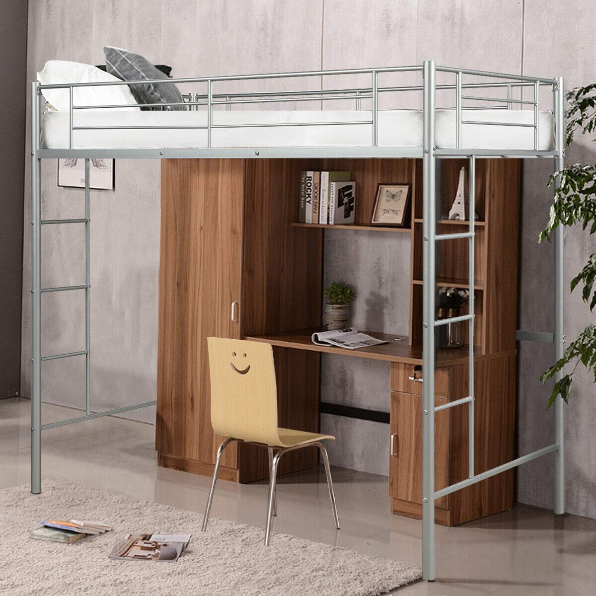 Modern Twin Loft Bed with Ladder - Sturdy Metal Frame in Silver Finish for Kids & Teens | Space-Saving Bunk Bed for Bedroom, Dorm, Studio Apartment | Perfect with Study Desk, Play Area or Storage Underneath