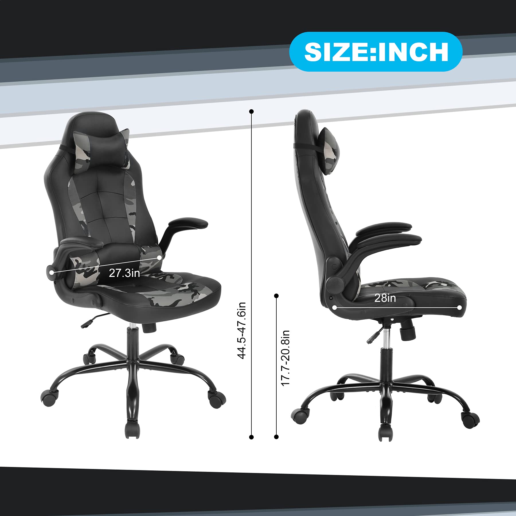 Ergonomic Gaming Chair for PC & Office - Adjustable PU Leather Racing Style Computer Desk Chair with Lumbar Support, Flip-Up Armrests & Headrest - Perfect for Home Office, Gaming Setup & Workstation (Camo Design)