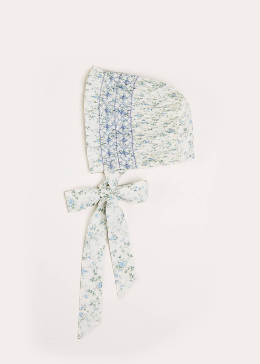 Blue Floral Hand Smocked Baby Bonnet - Soft Cotton Sun Protection for Newborns & Infants | Perfect for Outdoor Photos, Church, and Special Occasions