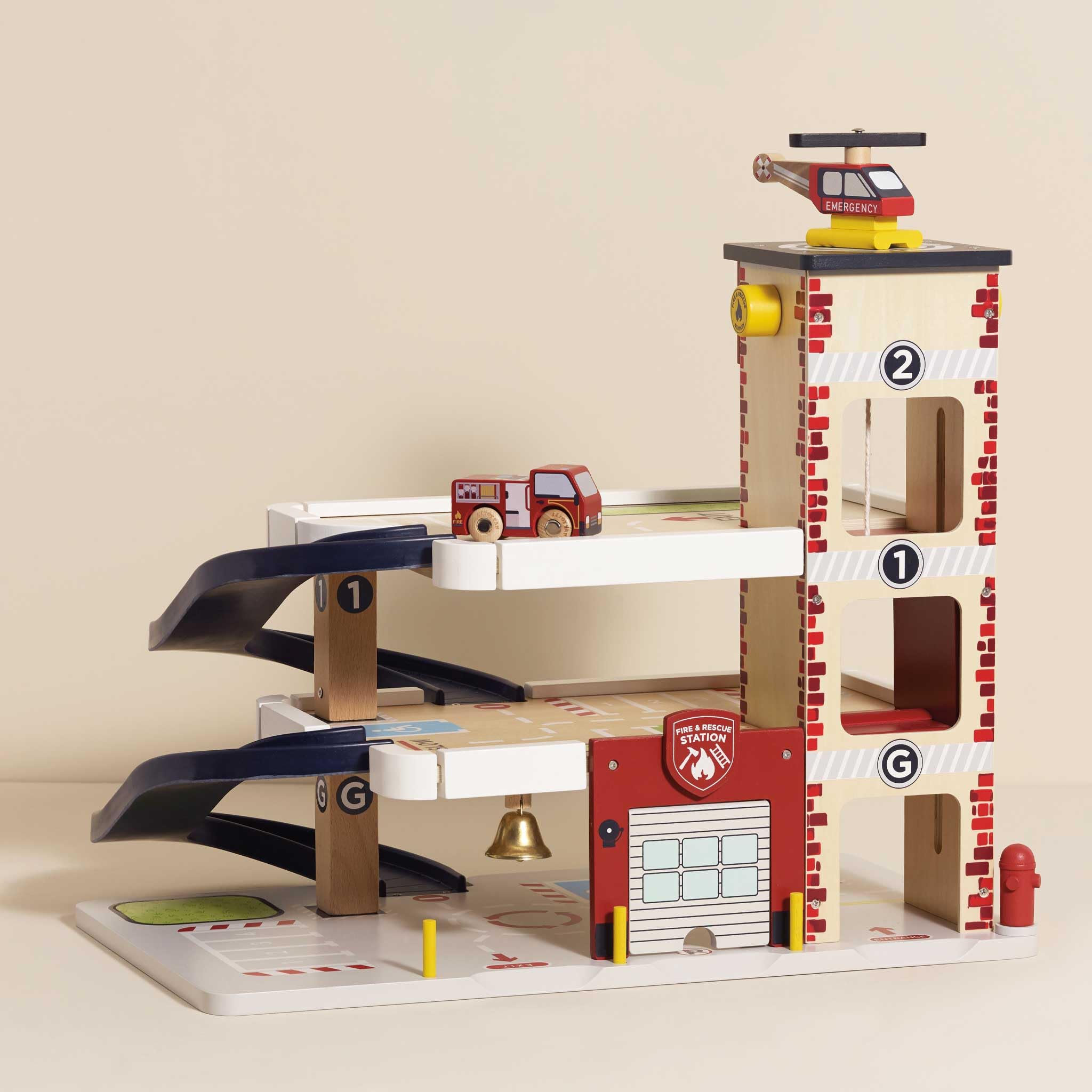 Le Toy Van Wooden 3-Story Fire & Rescue Garage Toy Car Play Set with Vehicles - Pretend Play Toy for Kids Ages 3+ (TV453) - Perfect for Imaginative Play, Firefighter Role-Playing & Early Childhood Development