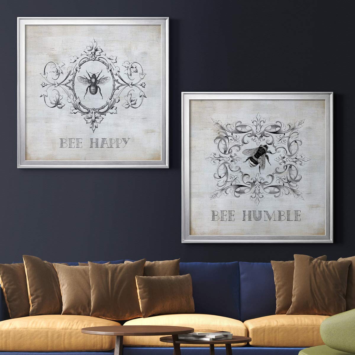 Abstract Wall Art Canvas - Silver Framed Bee Happy 30x30 | Modern Animal, Flower, Coastal & Geometric Wall Décor | Vibrant Ready-to-Hang Painting for Living Room, Bedroom & Office Decor