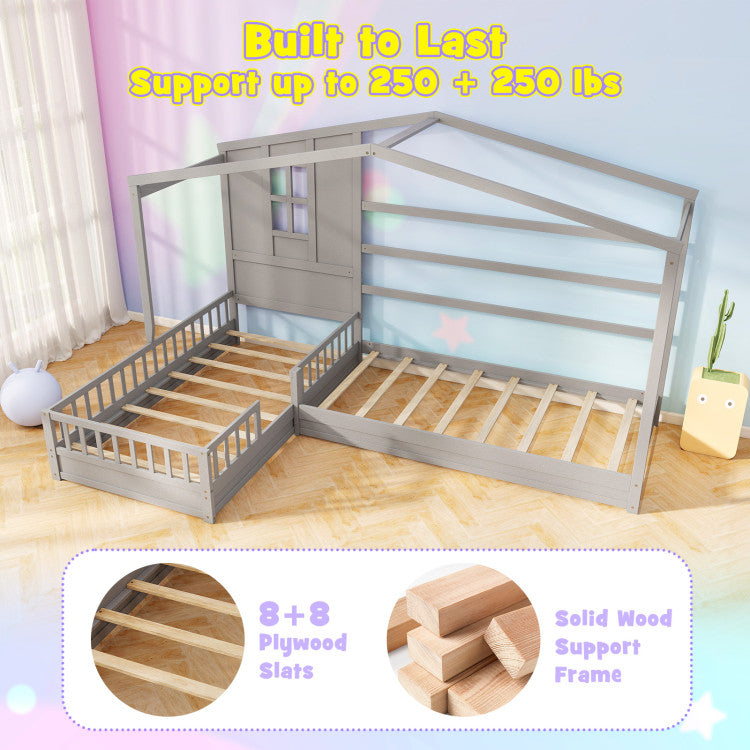 Costway L-Shaped Double Twin Bed Frame with House Design & Guardrails - Sturdy Platform Bed for Kids, Teens, and Small Spaces - Perfect for Shared Rooms, Dormitories, and Apartments
