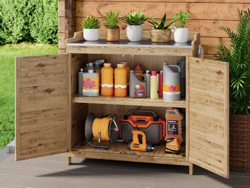 Gizoon Outdoor Potting Bench with Metal Tabletop & Adjustable Shelf - Wooden Garden Storage Cabinet with Double Doors - Perfect for Backyard, Patio, Lawn Gardening & DIY Projects - Natural Finish