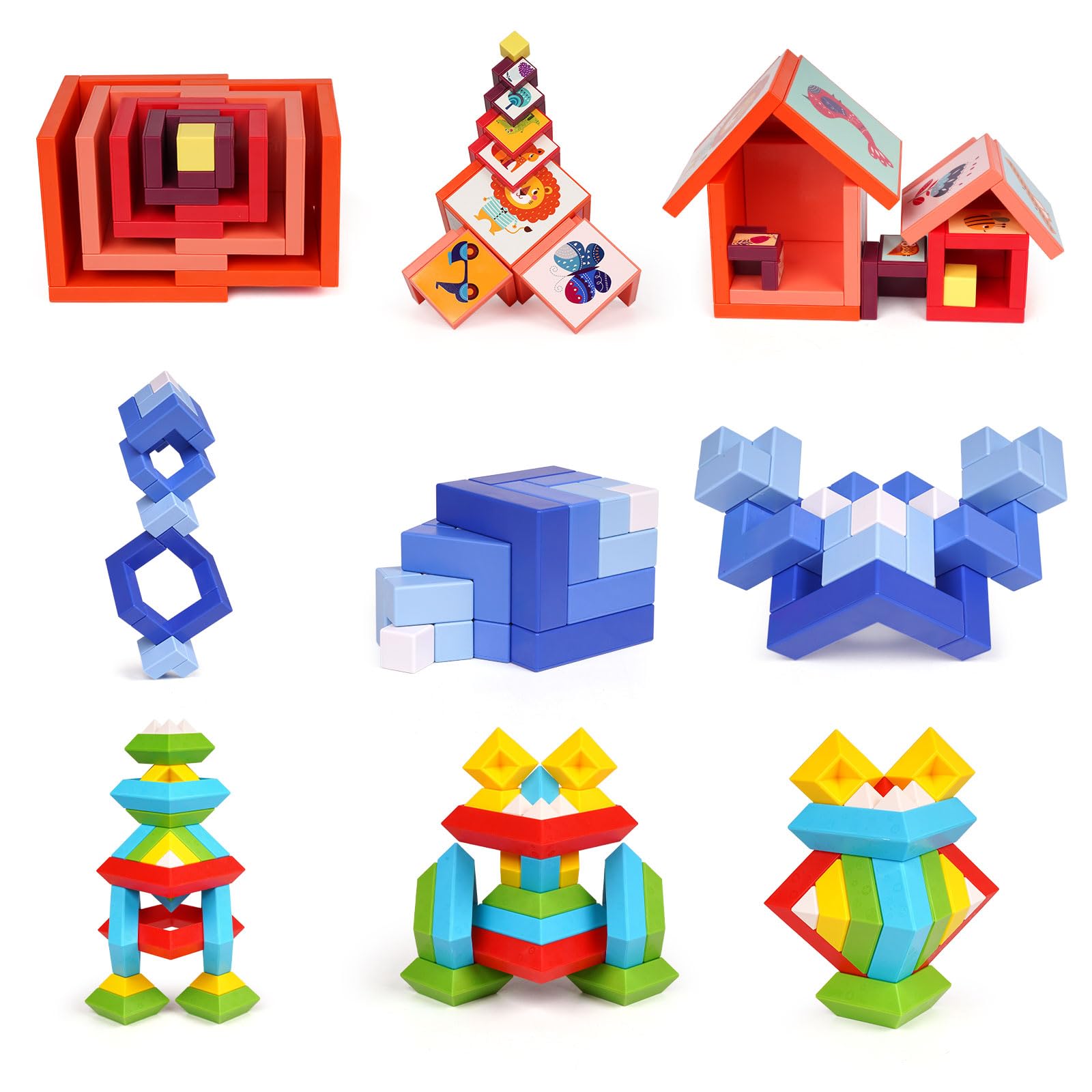 Agirlgle 3-in-1 Stacking Building Blocks - Montessori Educational Toys for Toddlers | STEM Sensory Learning Pyramid, Changing Cube & Puzzle Geometric Blocks | Preschool Activities, Birthday Gifts for Kids | Perfect for Classroom, Daycare & Home Playtime