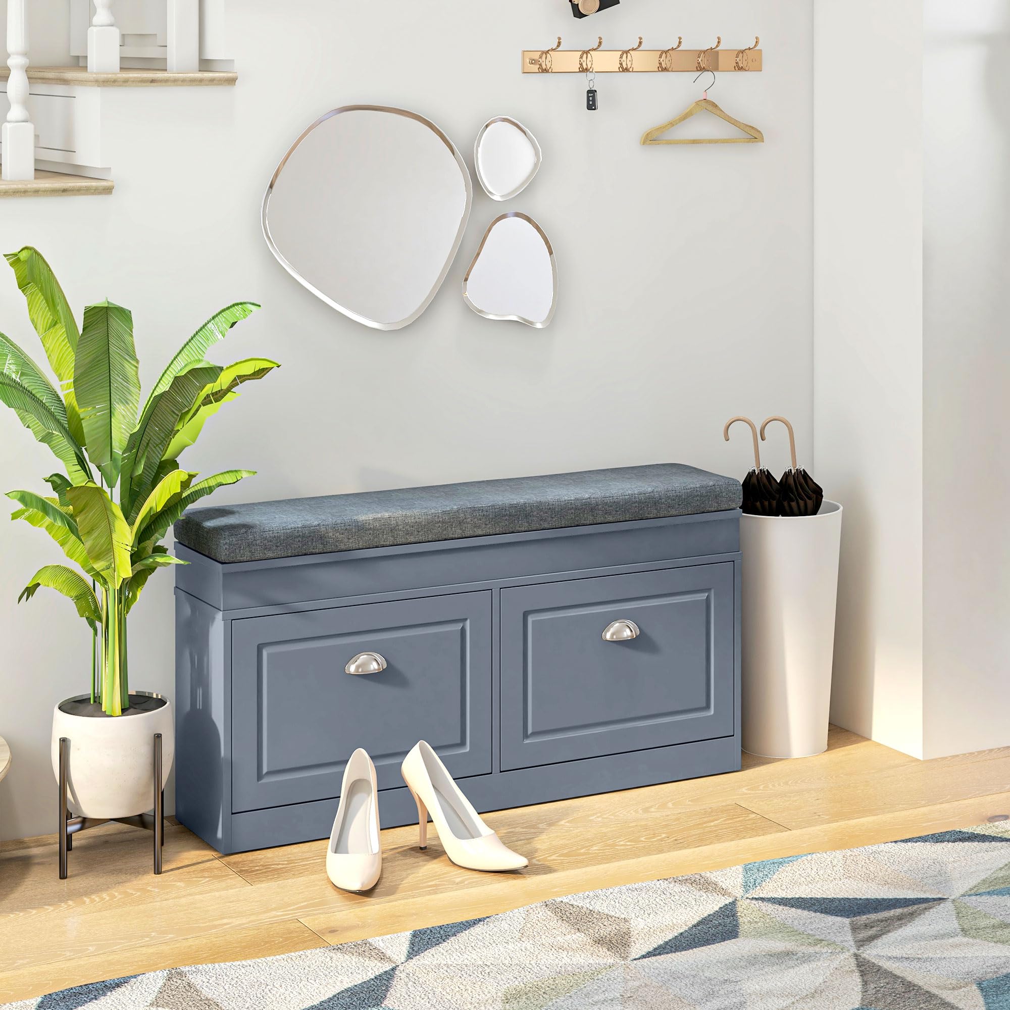 Modern Shoe Rack Bench with Storage - Entryway Organizer with Cushioned Seat, 2 Drawers & Adjustable Shelf (Holds 8 Pairs) - Perfect for Hallway, Living Room, Bedroom & Entry Organization - Space-Saving Gray Shoe Storage Solution for Small Apartments & Homes