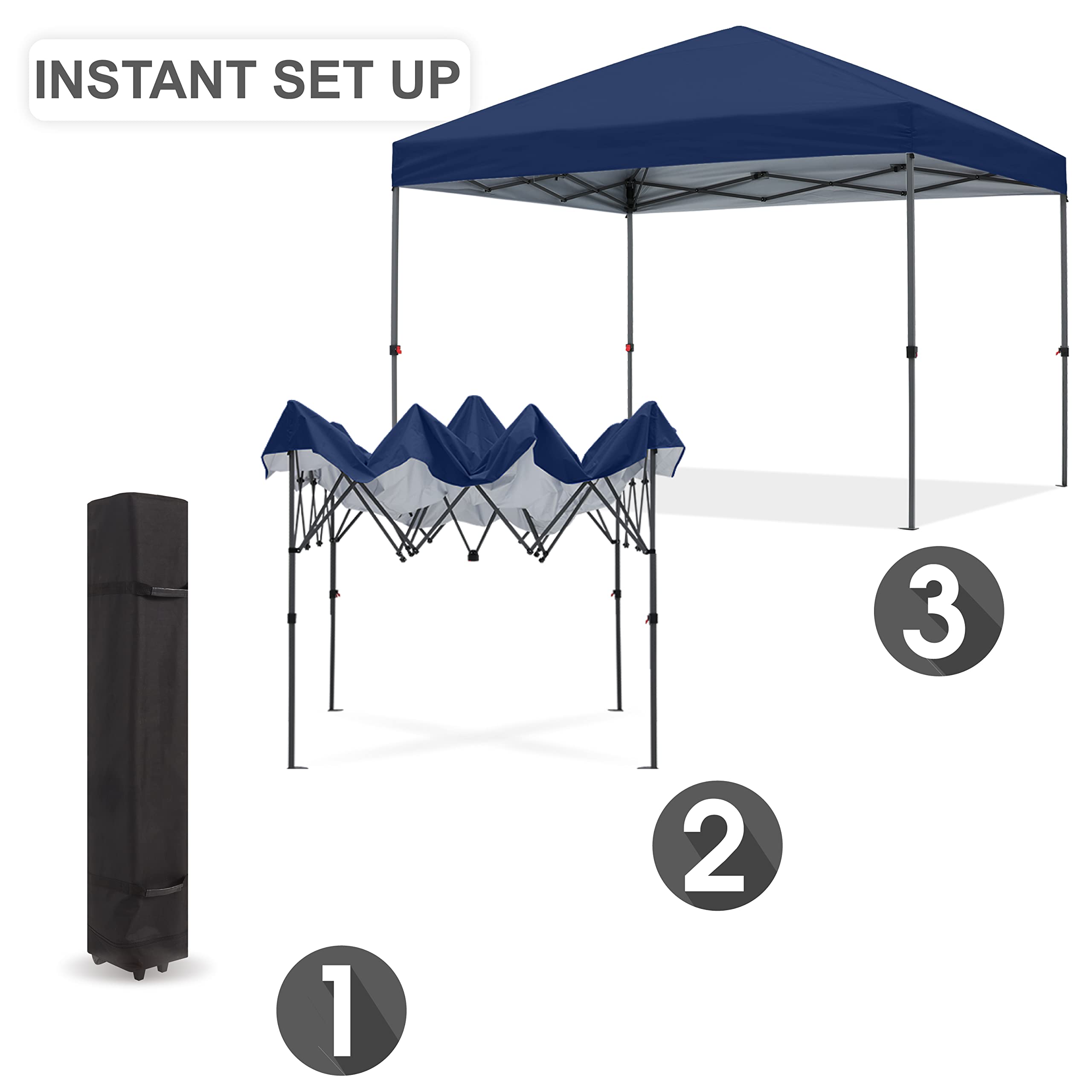 10x10 Pop Up Canopy Tent with Wheeled Carry Bag - Portable Outdoor Shelter for Backyard, Beach, Camping & Events - Includes 4 Ropes, Stakes & Sandbags - Navy Blue