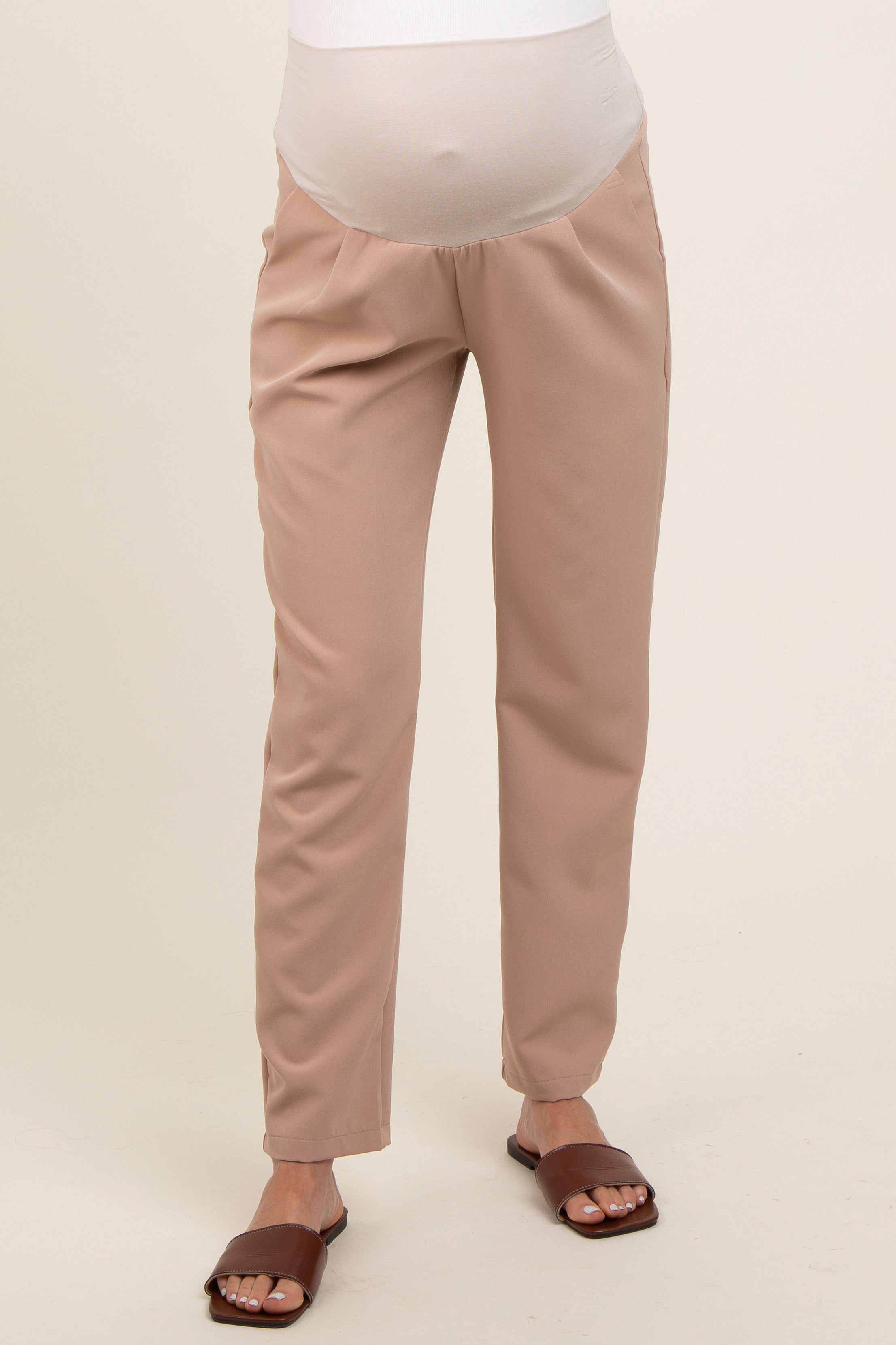 Beige Pleated Maternity Pants for Women - Comfortable Relaxed Fit Pregnancy Pants - Perfect for Work, Office & Everyday Wear