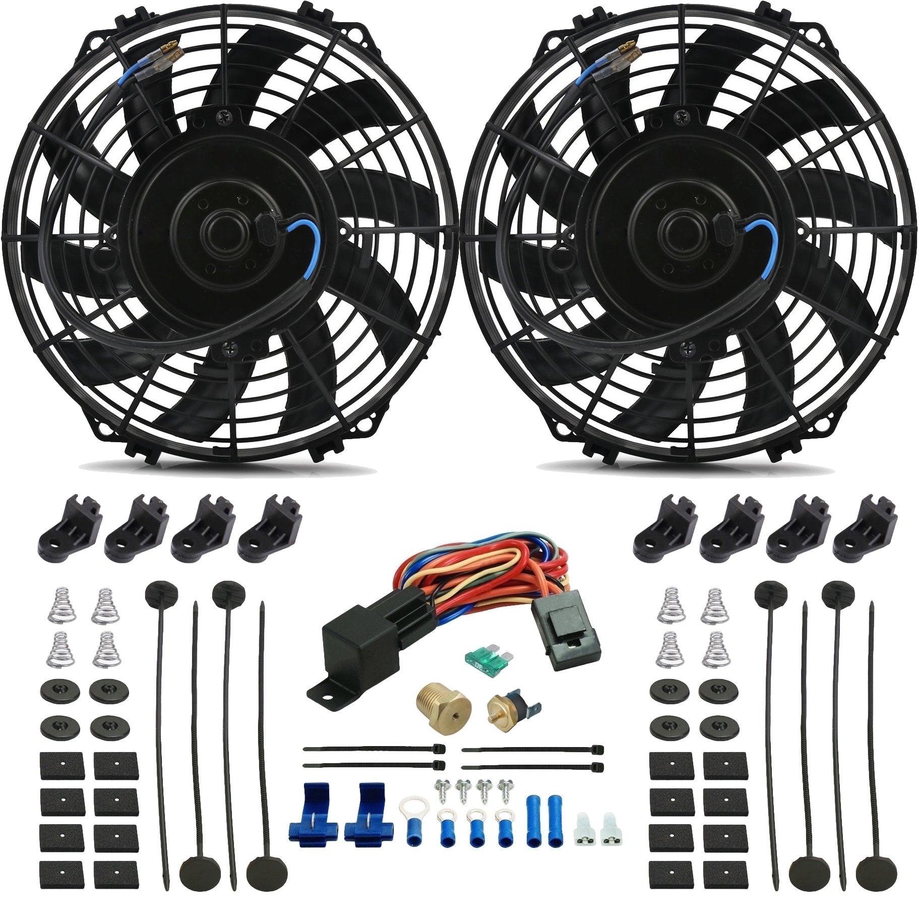 90W Dual 9-Inch Electric Cooling Fans Kit with NPT Threaded Thermostat Switch - Perfect for Automotive, Radiator, and HVAC Cooling Systems