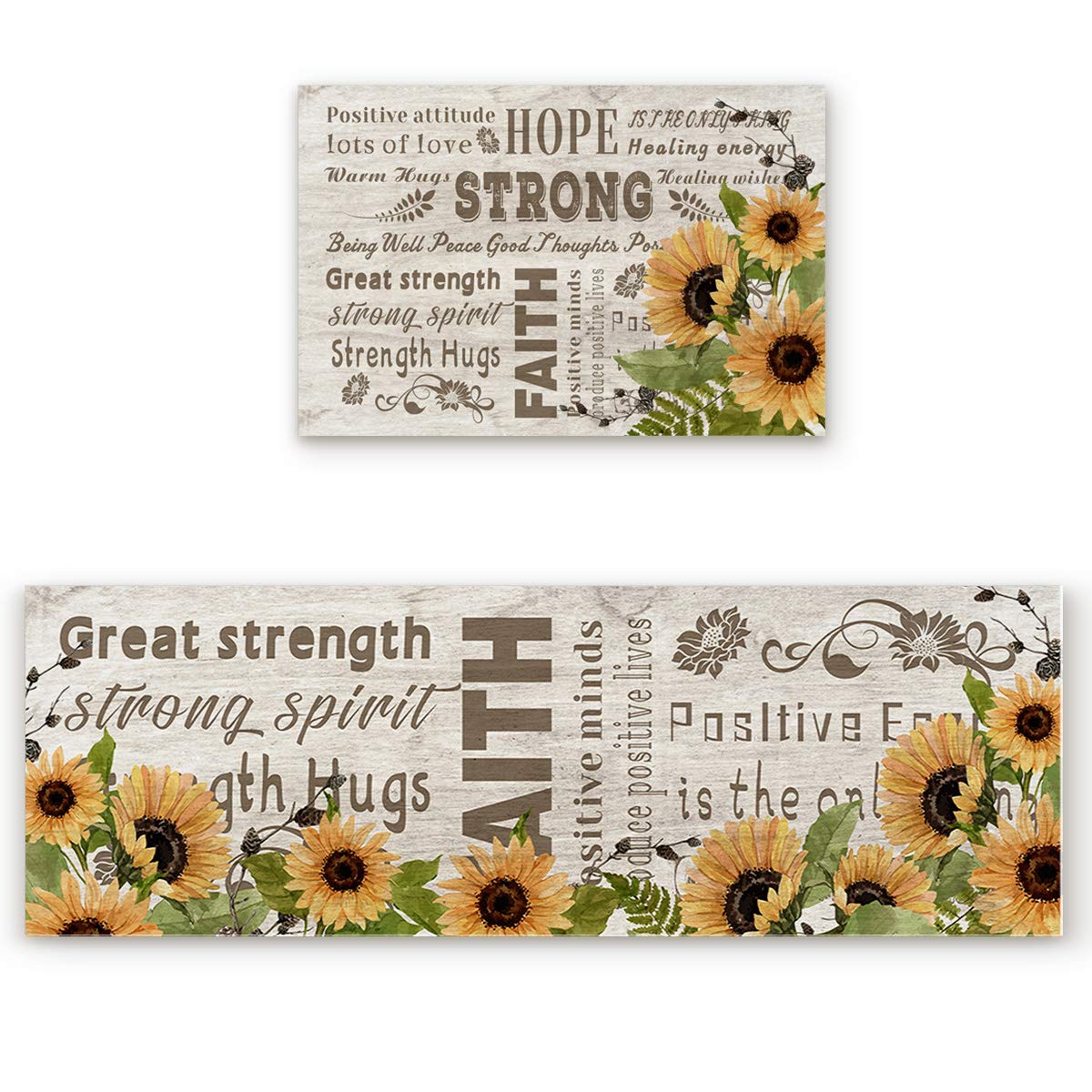 Non-Slip 2-Pack Kitchen Floor Comfort Mat Set - Waterproof Cushioned Runner & Rug with Sunflower Design for Positive Energy, Compassion & Strength - Perfect for Standing Comfort While Cooking, Washing Dishes or Decorating Your Kitchen