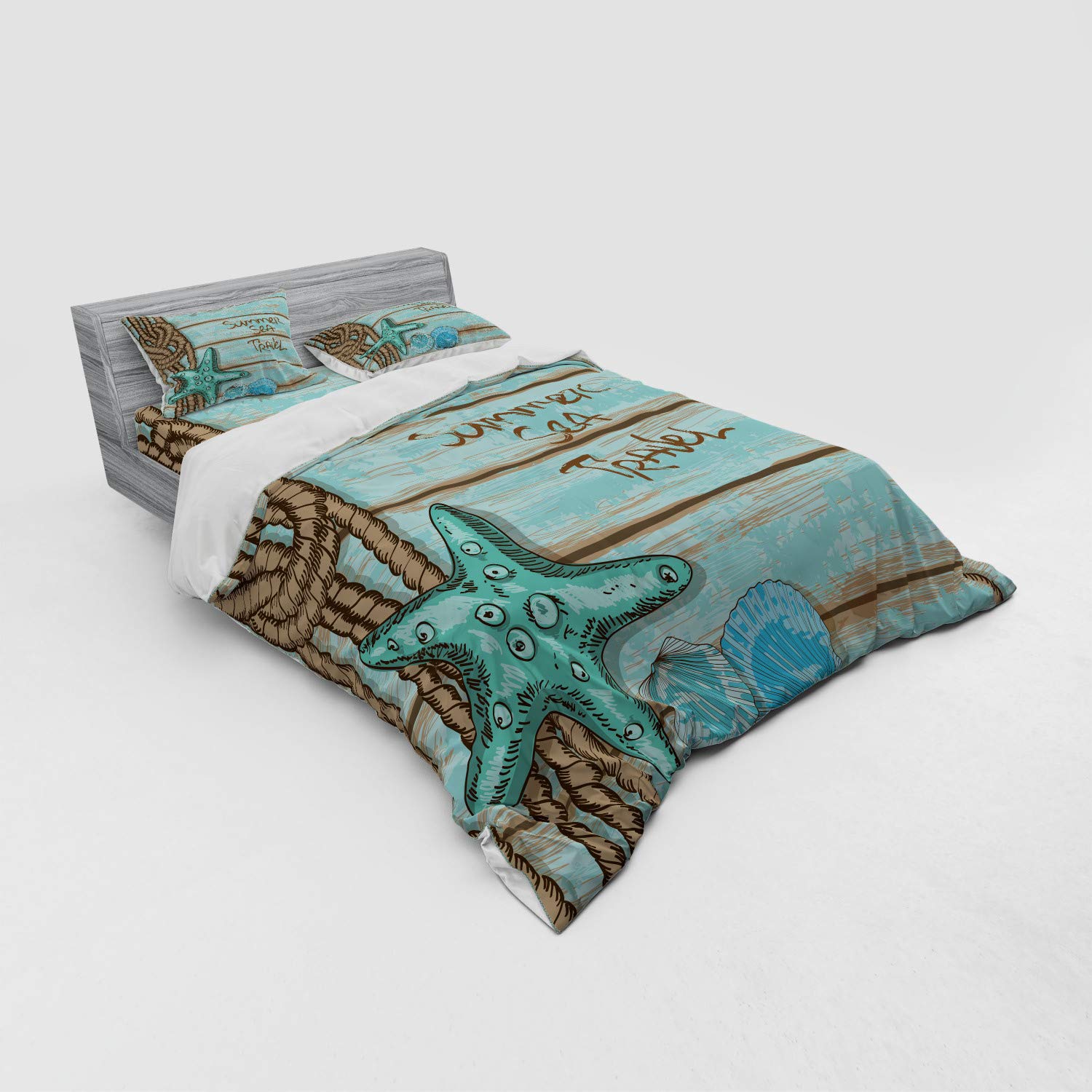 Ambesonne Starfish Duvet Cover Set - 3 Piece Queen Size Bedding with Sham & Fitted Sheet, Mint Green Turquoise Ocean Theme for Summer Beach House Decor | Perfect for Coastal Bedroom, Guest Room or Vacation Rental