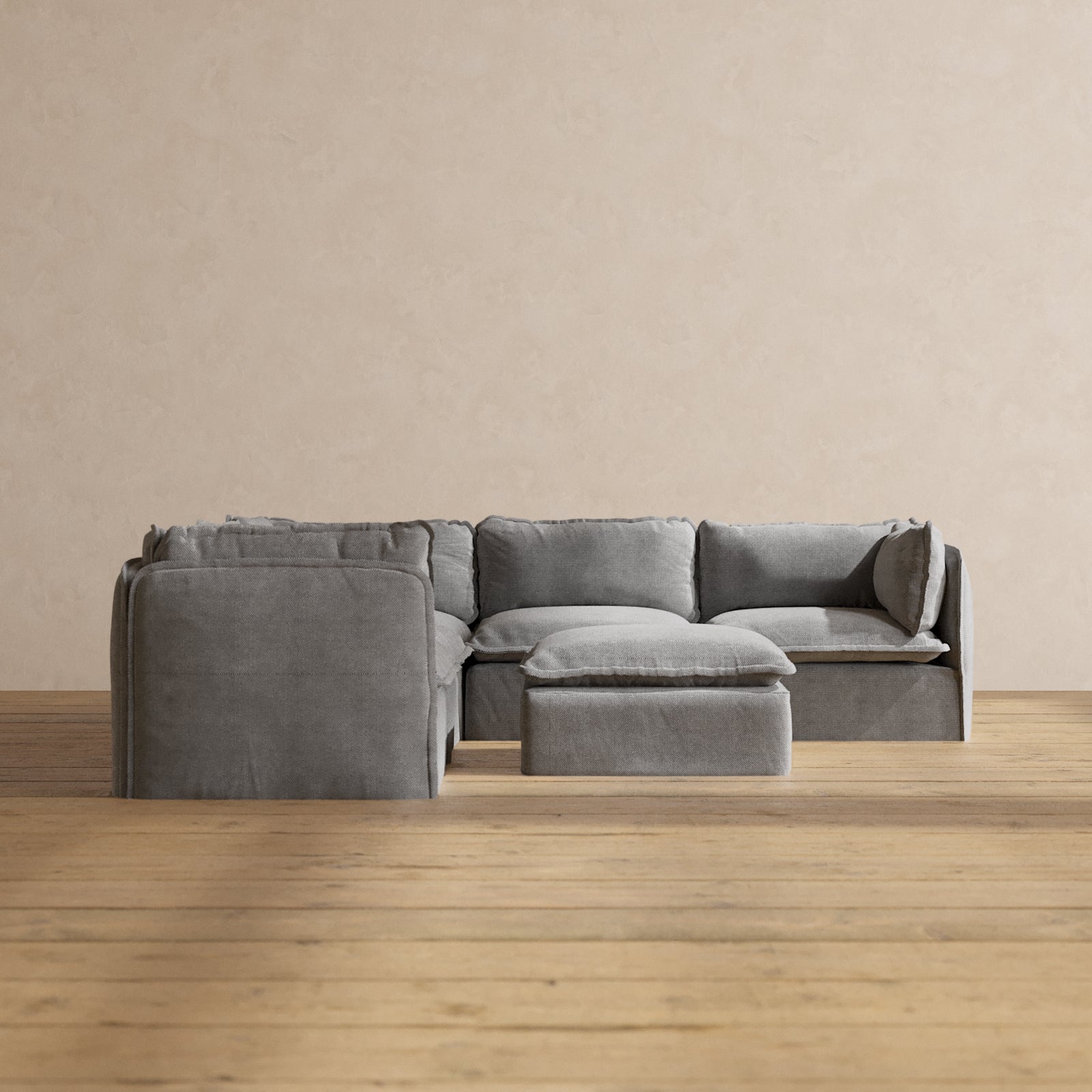 Modular Performance 5-Seater Corner Sectional Sofa with Ottoman in Ash Fabric | Modern L-Shaped Living Room Furniture for Family Gatherings & Movie Nights