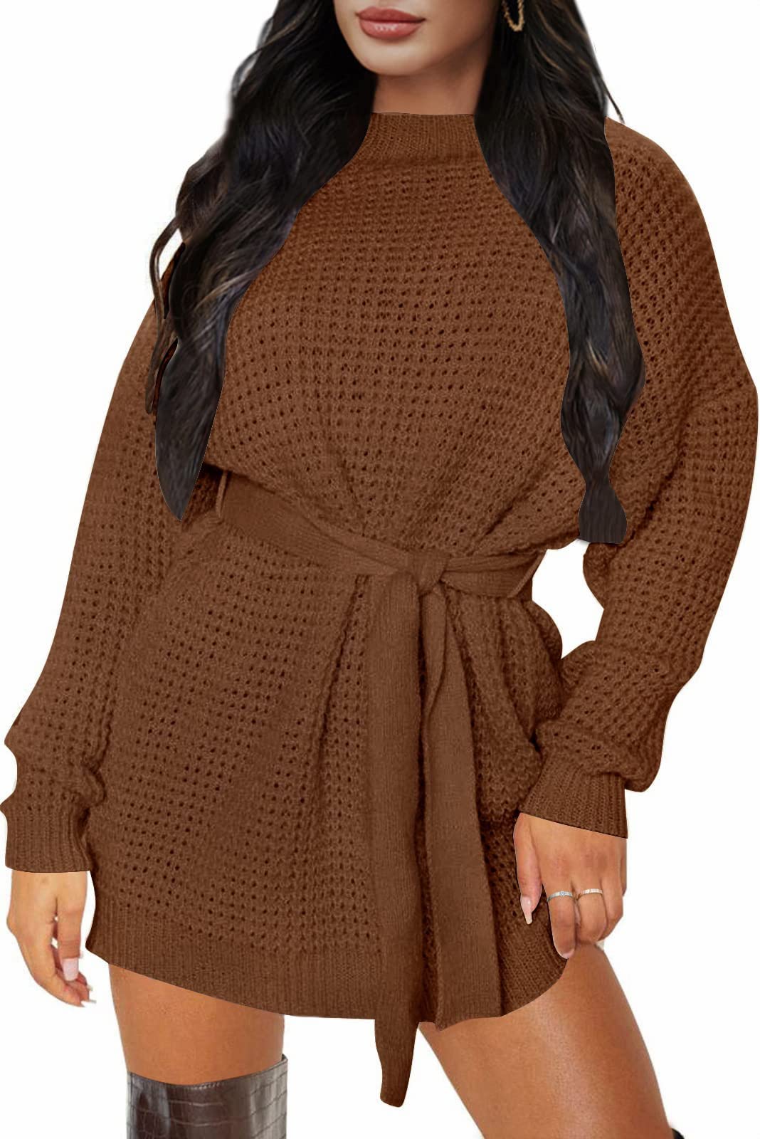 ZESICA Women's Long Sleeve Waffle Knit Tie Waist Tunic Sweater Dress - Solid Color Pullover for Fall Winter, Casual Office Wear & Holiday Outfits