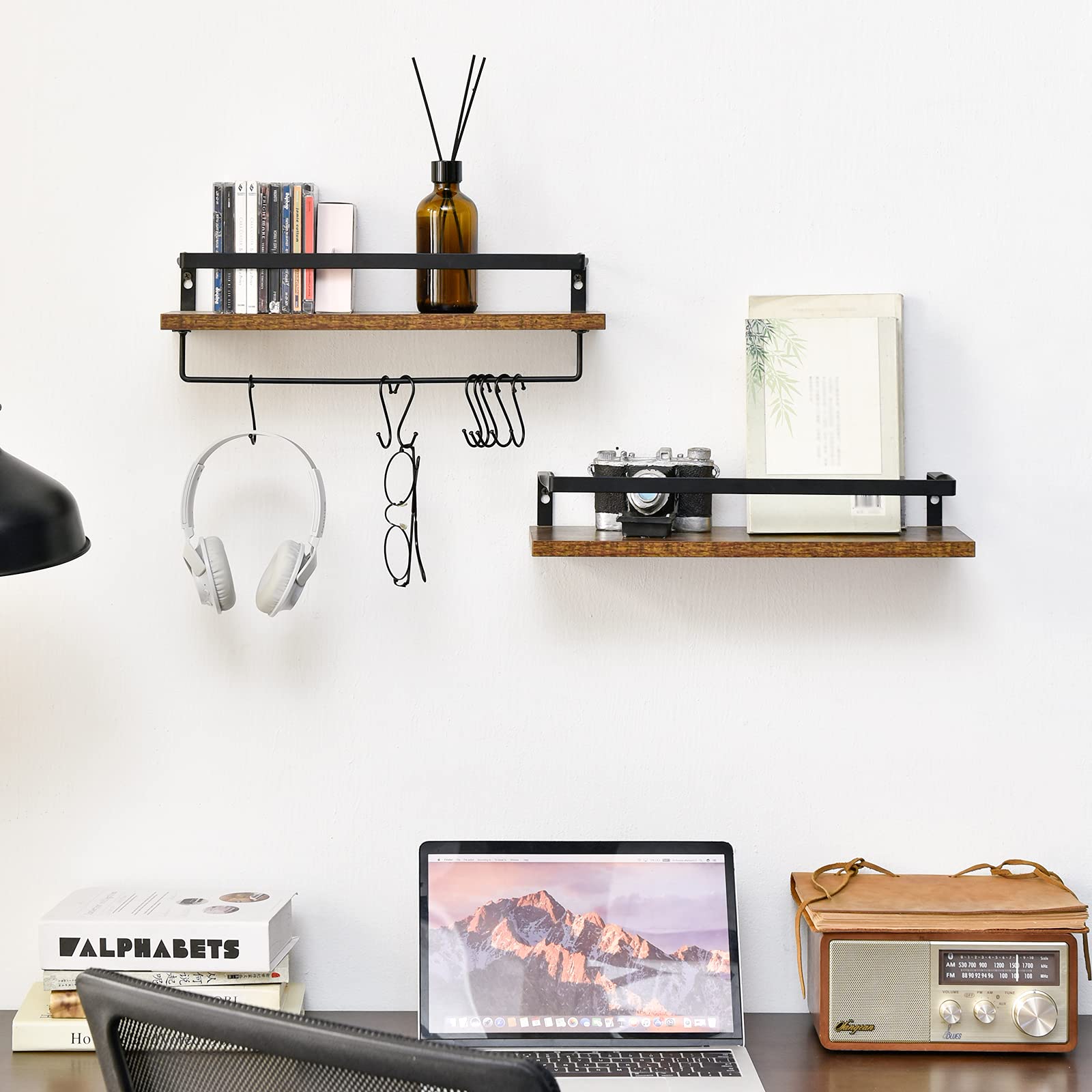 IBUYKE Floating Shelves for Wall - 42x15x8 cm Wooden Shelf with 8 Hooks - Space Saving Storage Organizer for Kitchen, Bathroom, Bedroom, Living Room & Office - Perfect for Spice Rack, Towel Holder, Books and Decorative Display