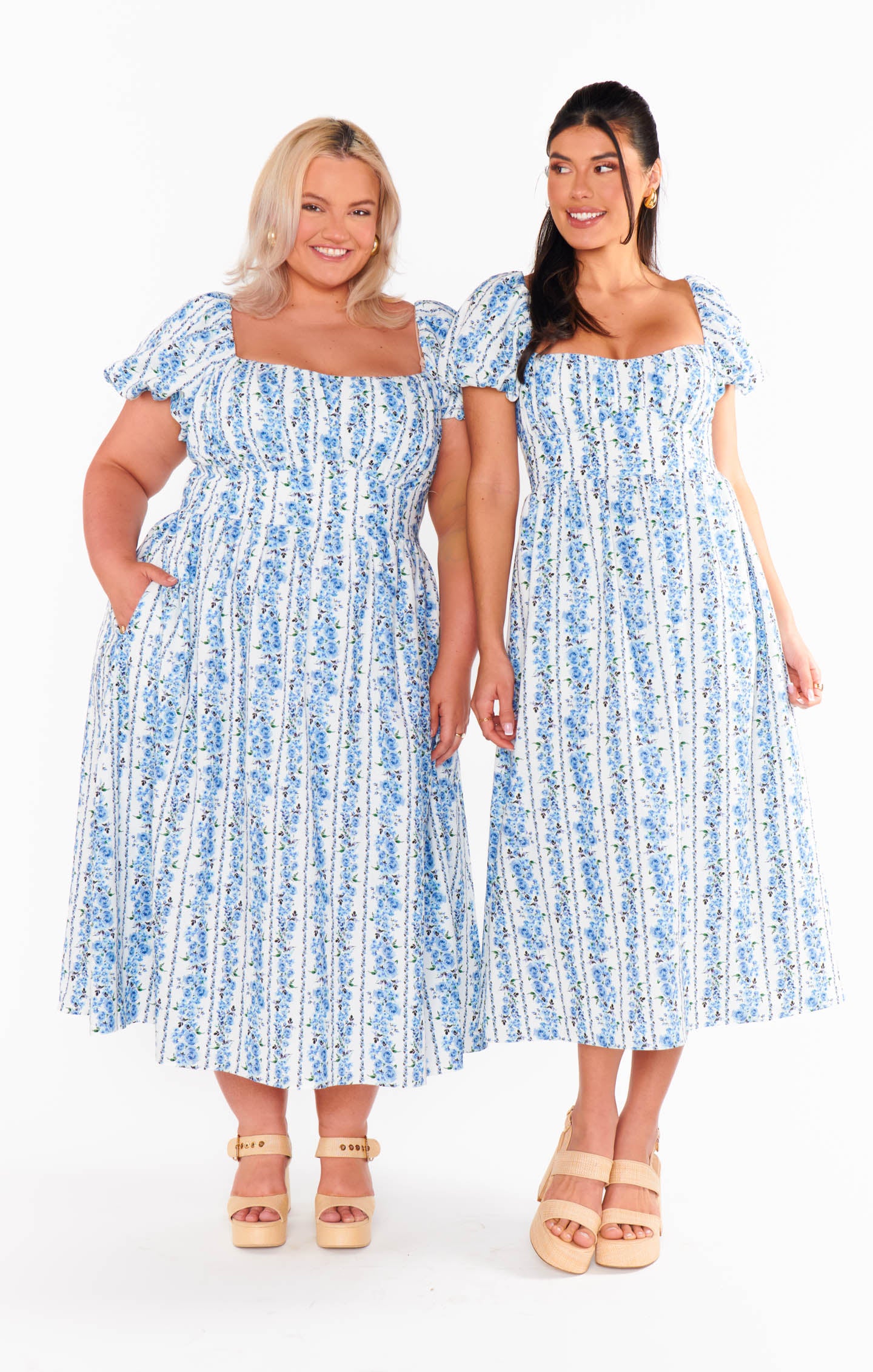 Belle Midi Dress - Blue Bliss Stripe Floral Print Summer Dress for Women | Casual & Party Wear | Perfect for Beach, Vacation, and Date Nights