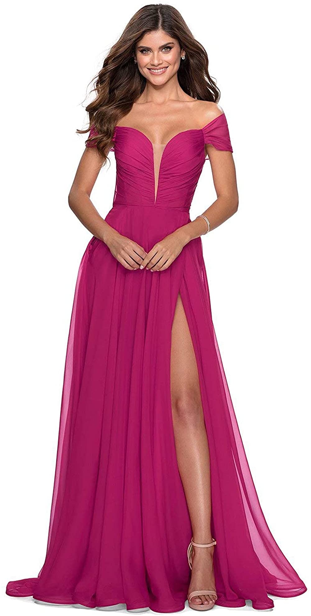 Elegant Chiffon Bridesmaid Dresses 2024 - Off Shoulder High Slit Pleated A-line Long Formal Gown for Wedding, Prom & Special Occasions | Perfect for Bridal Party, Evening Events & Formal Dinners