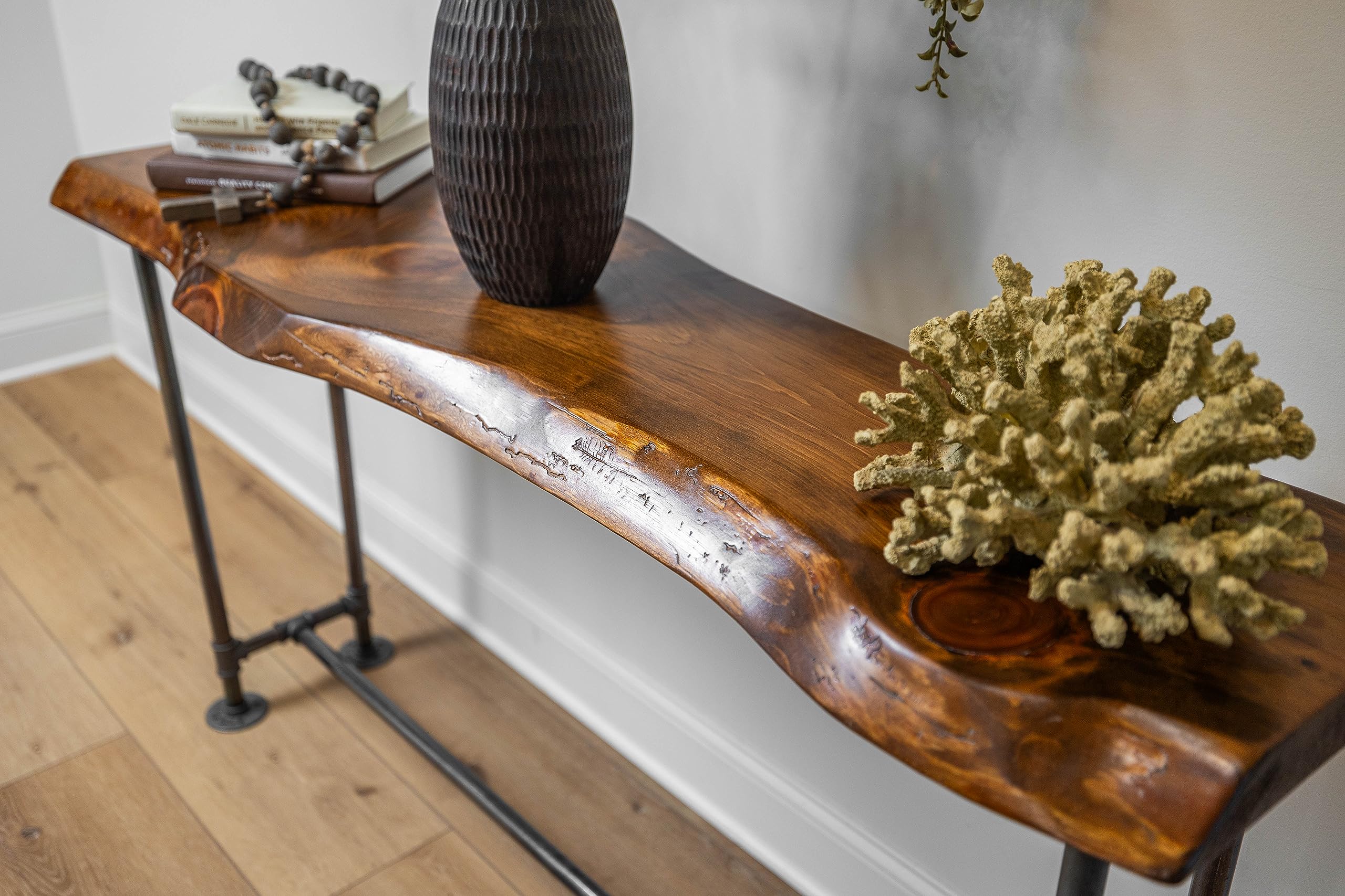 Industrial Pipe Sofa Table - Live Edge Wood Console Table for Entryway, Behind Couch or Hallway - Rustic Honey Pine Finish - Perfect for Farmhouse, Industrial & Modern Home Decor