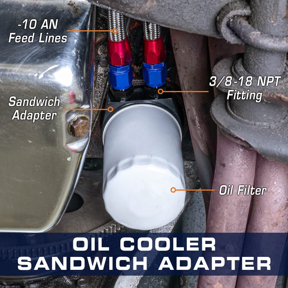 GlowShift Oil Cooler Sandwich Adapter for Chevy Small Block 305/350 - 13/16-16 Thread - Oil Pressure & Temperature Sensor Installation Kit with O-Ring, Port Plugs & Oil Line Fittings - Perfect for Performance Upgrades & Engine Protection
