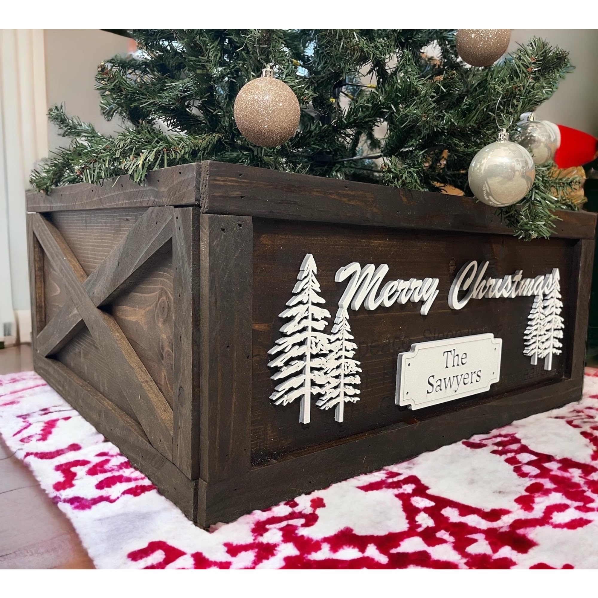 Foldable Christmas Tree Collar Box - Rustic Farmhouse Holiday Decor for Xmas Tree Base | Personalized Collapsible Tree Skirt Alternative | Perfect for Living Room, Porch & Festive Home Decor