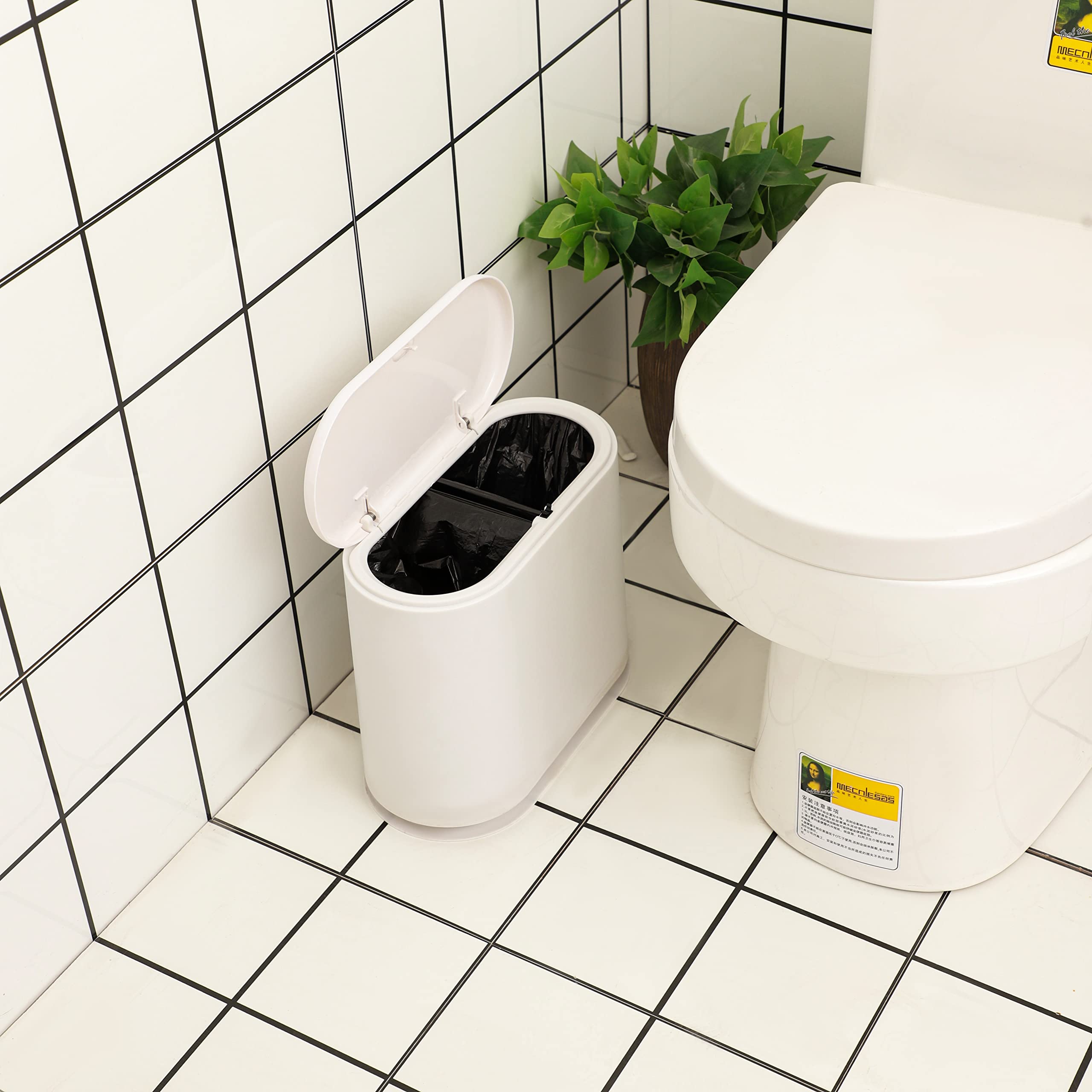 8L Slim Plastic Trash Can with Press Top Lid - 2.1 Gallon Small Narrow Garbage Bin, Dog Proof Wastebasket for Bathroom, Living Room, Bedroom, Kitchen & Office - Perfect for Small Spaces & Pet Owners (White)