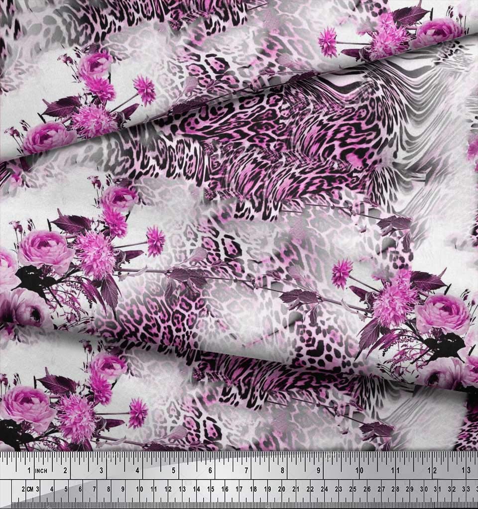 Soimoi Velvet Pink Fabric by The Yard - 58 Inch Wide - Rose Floral & Leopard Print Animal Skin Fabric for Upholstery, Drapes & DIY Fashion Projects - Safari Chic Home Decor & Clothing Material