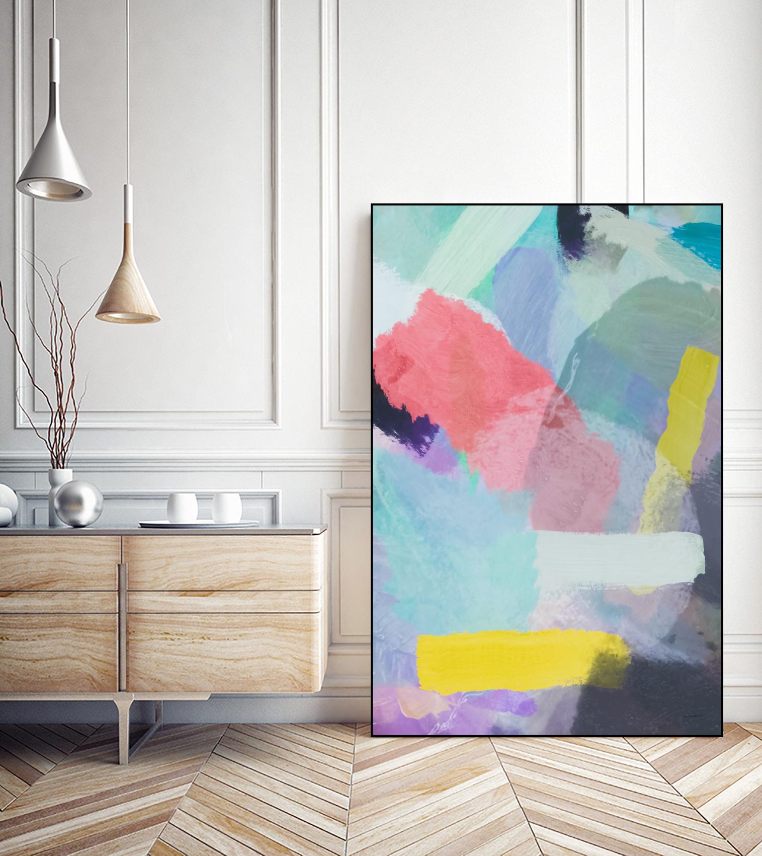 Abstract Brush Painting Texture Art in Blue, Pink, Yellow & Green - Modern Wall Decor for Living Room, Bedroom & Office