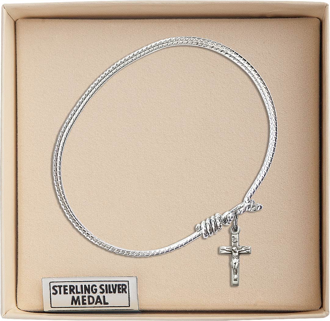 Sterling Silver Oval Eye Hook Bangle Bracelet with Crucifix - Elegant Religious Jewelry for Women, Perfect for Church, Weddings & Everyday Wear