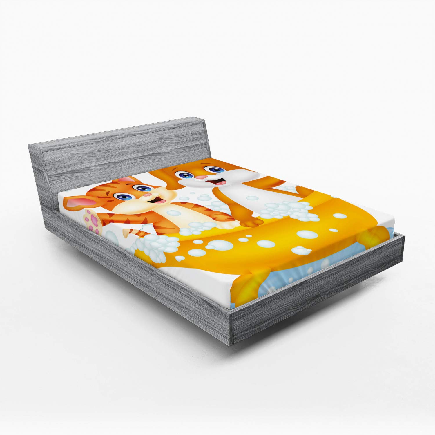 Ambesonne Animal Print Fitted Sheet - Cartoon Cat & Dog in Bathtub with Bubbles Design, Deep Pocket Elastic Queen Size Bed Sheet in Yellow Brown Blue - Perfect for Kids' Rooms, Guest Bedrooms & Cozy Home Decor