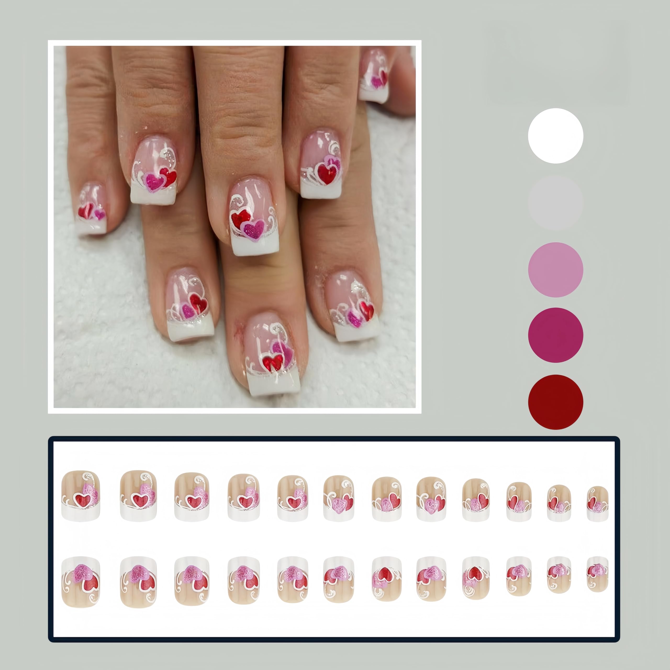 24Pcs Valentine's Day Press On Nails - Short Square Fake Nails with White French Tips, Red Pink Glitter & Romantic Heart Designs | Acrylic False Nails for Women | Perfect for Daily Wear, Date Nights, Parties & Special Occasions