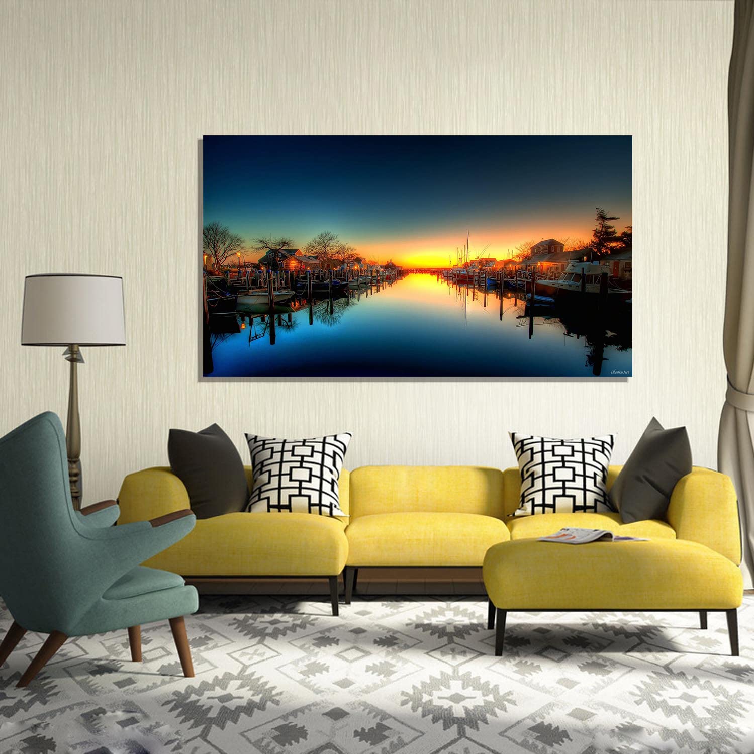 Marina Sunset Canvas Art - Framed Landscape Wall Painting for Home, Office & Bedroom Decor - Ready to Hang - Perfect for Coastal & Modern Interior Design