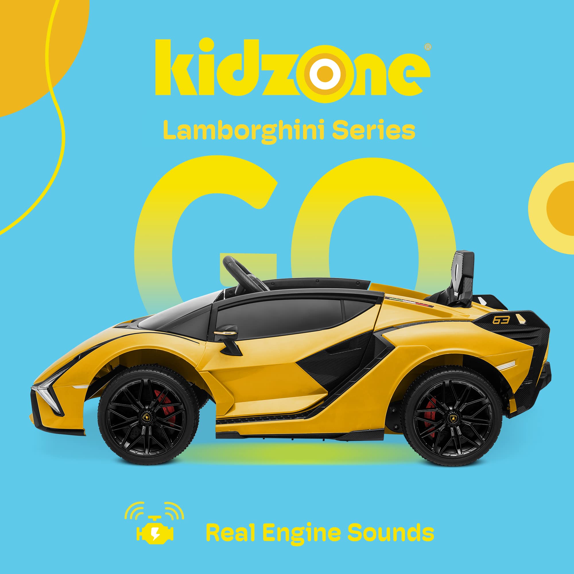 Kidzone Kids 12V Electric Ride-On Lamborghini Sian Roadster Toy Car - Remote Control, LED Lights, Music & Suspension Wheels - Carbon Fiber Textured Yellow - Perfect for Birthday Gifts & Outdoor Play