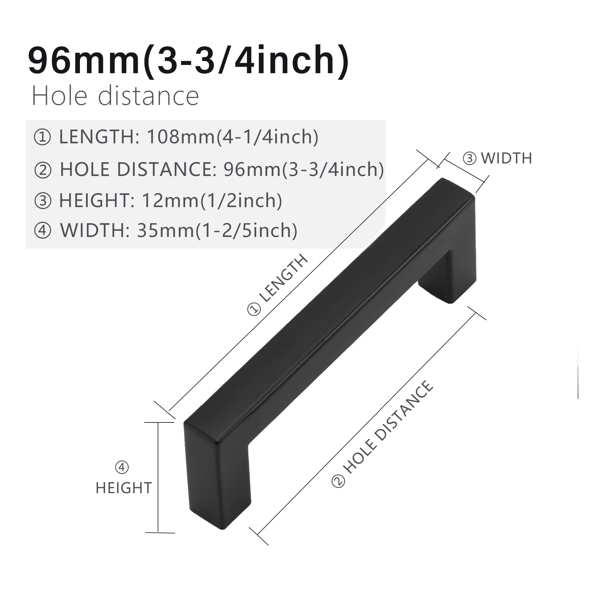 Matte Black Square Cabinet Pulls - 10 Pack 3-3/4 Inch Stainless Steel Kitchen Drawer Handles (96mm Hole Centers) - Durable Cabinet Hardware for Kitchen Cabinets, Bathroom Vanities & Office Furniture