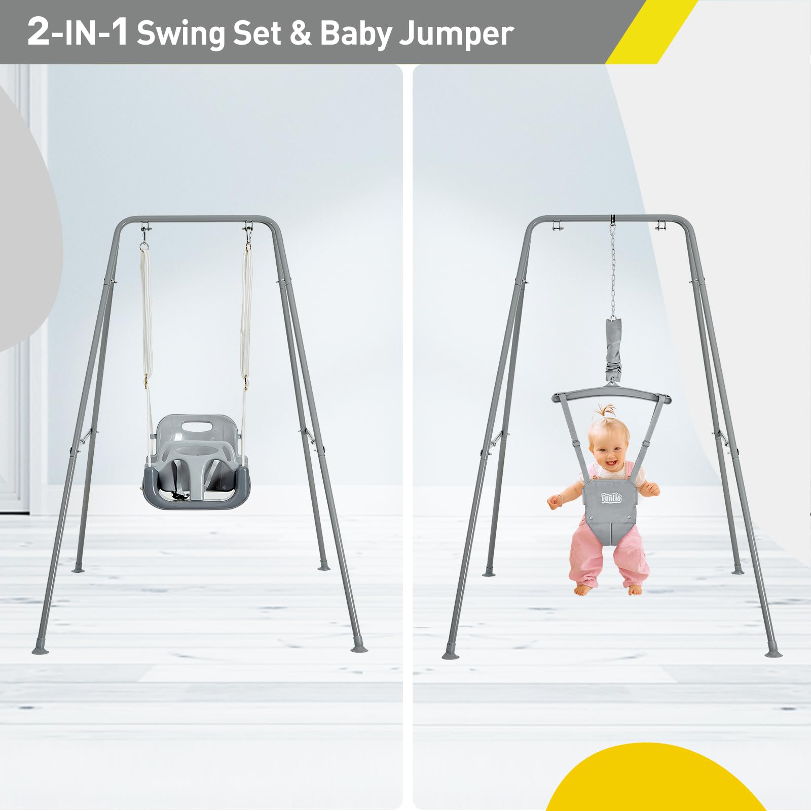 FUNLIO 2-in-1 Baby Swing and Jumper for Toddlers | Heavy Duty Kids Swing Set with Foldable Metal Stand | Includes 4 Sandbags for Stability | Indoor/Outdoor Play Equipment | Easy Assembly & Storage | Grey | Perfect for Backyard, Playroom or Daycare Use