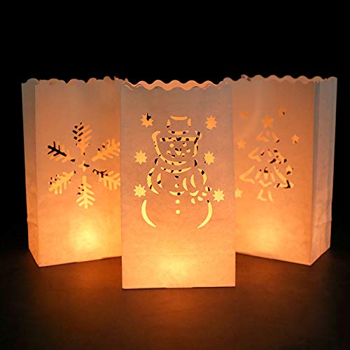 Kubert 15-Pack White Luminaria Bags - Fireproof Candle Bags with 3 Festive Designs (Snowflakes, Christmas Tree & Snowman) for Holiday Decorations - Perfect for Christmas, Xmas, Weddings, Halloween, Thanksgiving & Party Decor