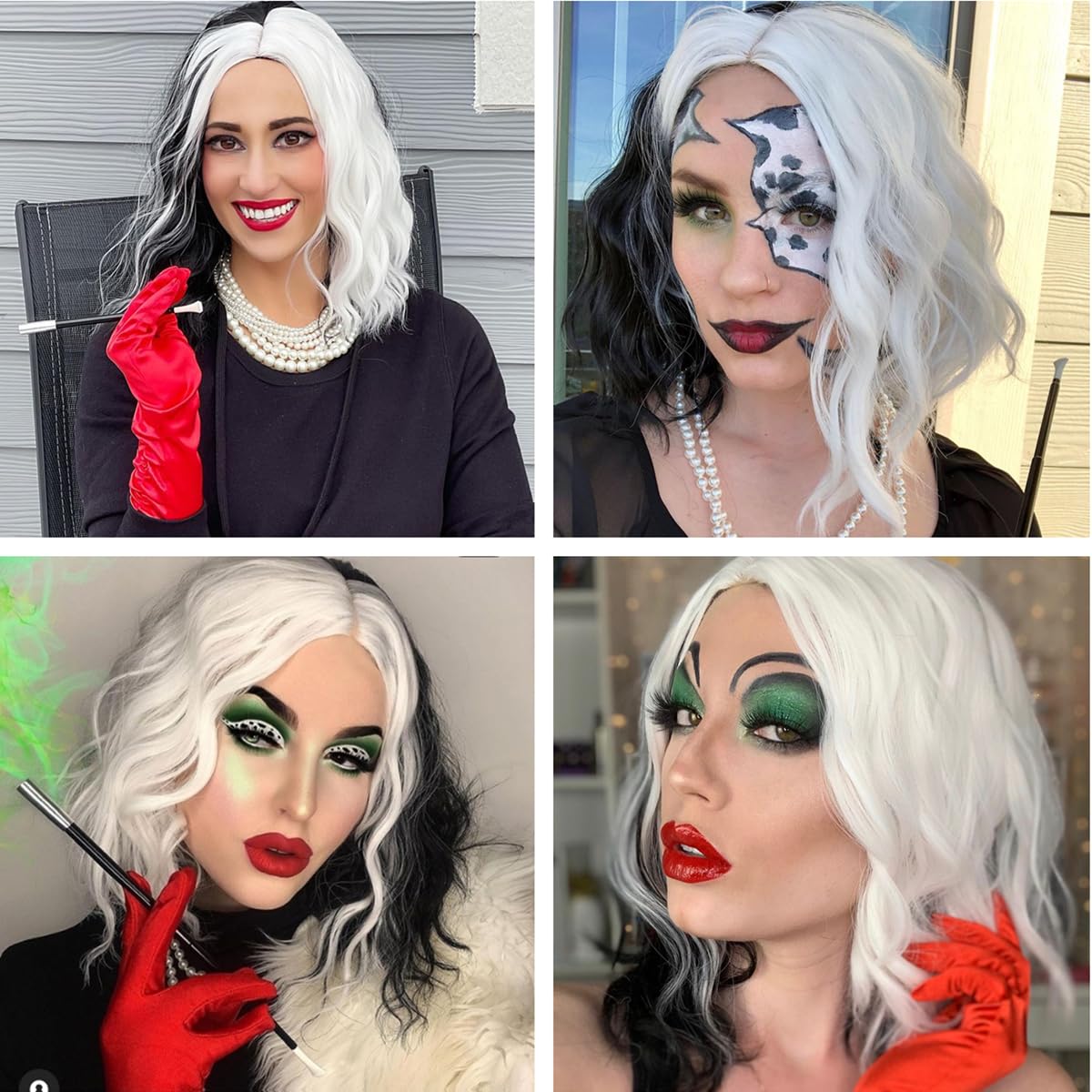 Stylish Black and White Cruella De Vil Wig for Women - Short Curly Wavy Costume Hairpiece | Soft & Comfortable for Halloween, Cosplay, Themed Parties & Dress-Up Events