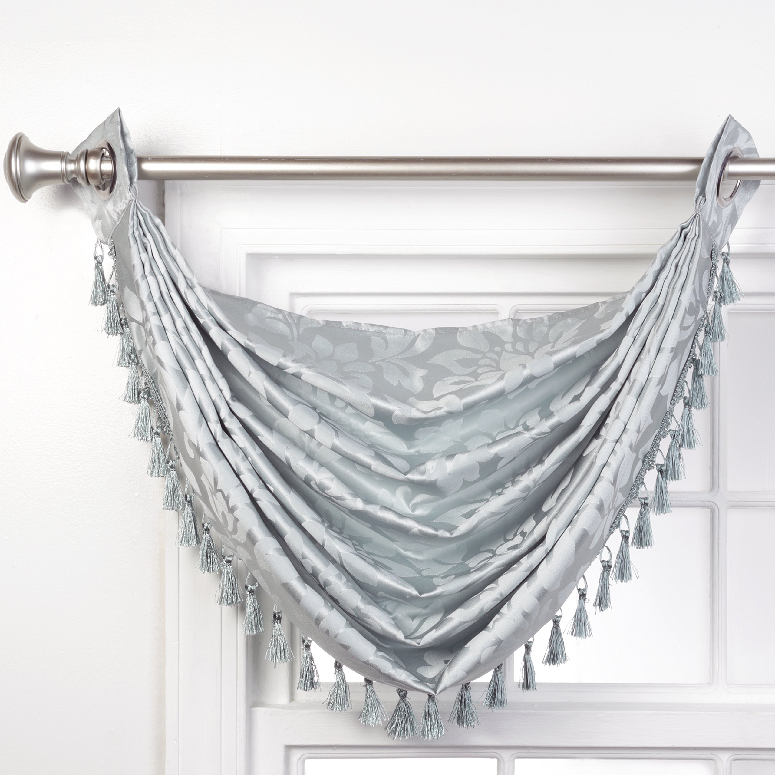 Renaissance Home Fashion Leah Jacquard Grommet Waterfall Valance with Tassel - 36 x 37 Inches - Mist - Elegant Window Treatment for Living Room, Bedroom & Dining Room Decor