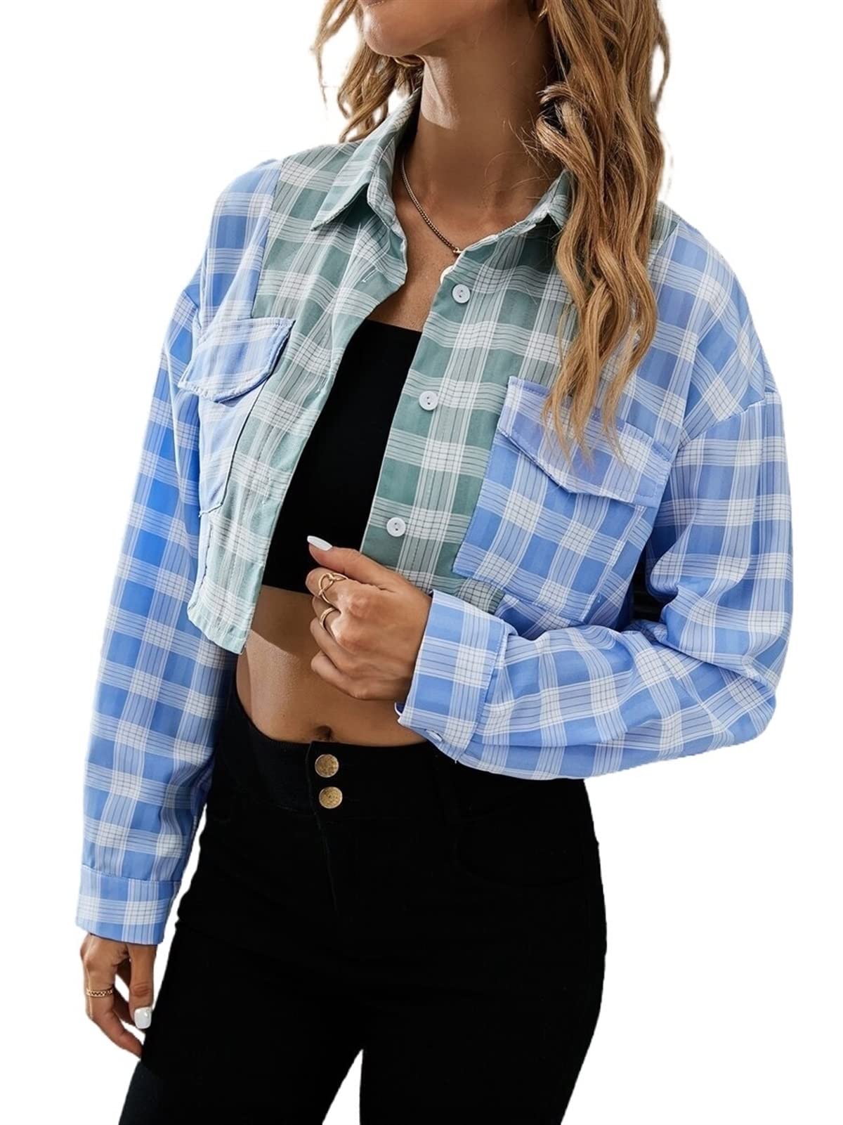 TINMIIR Women's Drop Shoulder Color Block Plaid Blouse - Button Front Flap Pocket Shirt Top for Casual Outfits & Office Wear | Stylish Fall Fashion Tops for Women