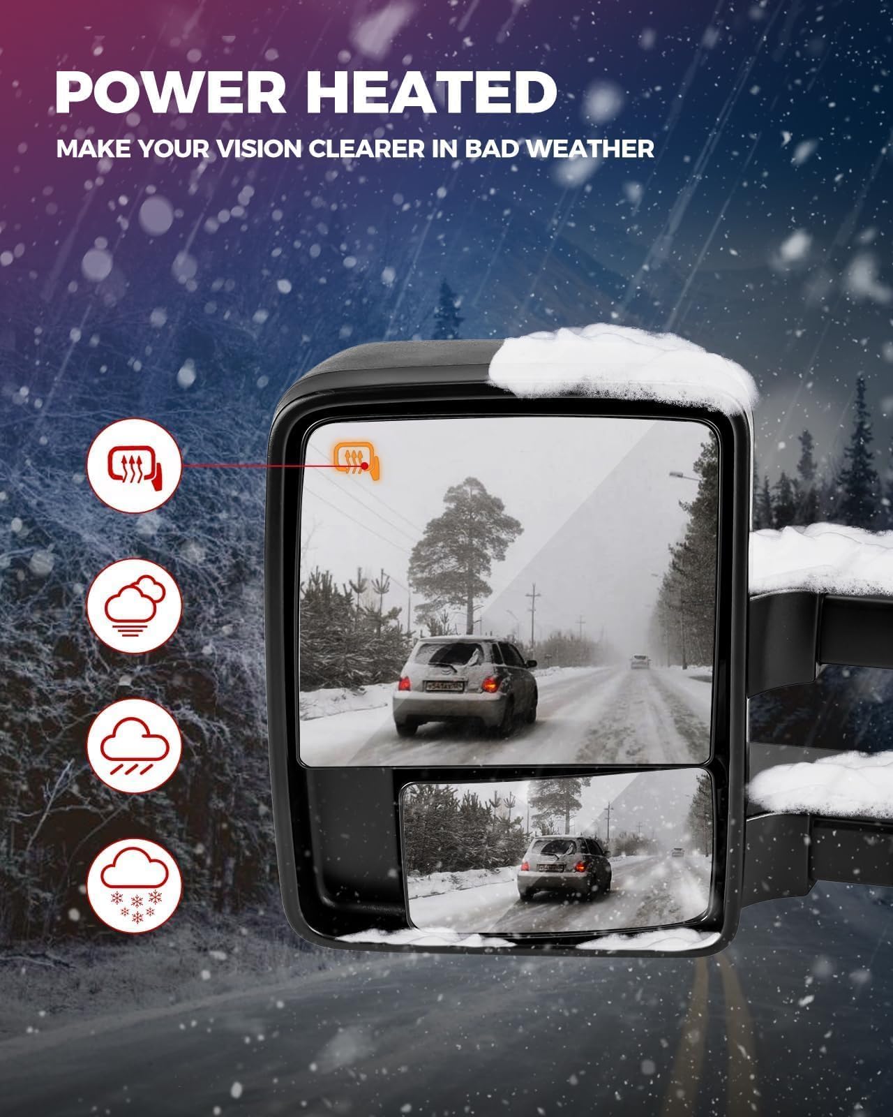 KAX Power Heated Tow Mirrors with LED Turn Signal & Backup Lamp - Compatible with 2003-2006 Chevy Silverado Tahoe GMC Sierra - Extendable Pair Set - Perfect for Towing, Night Driving & Winter Conditions