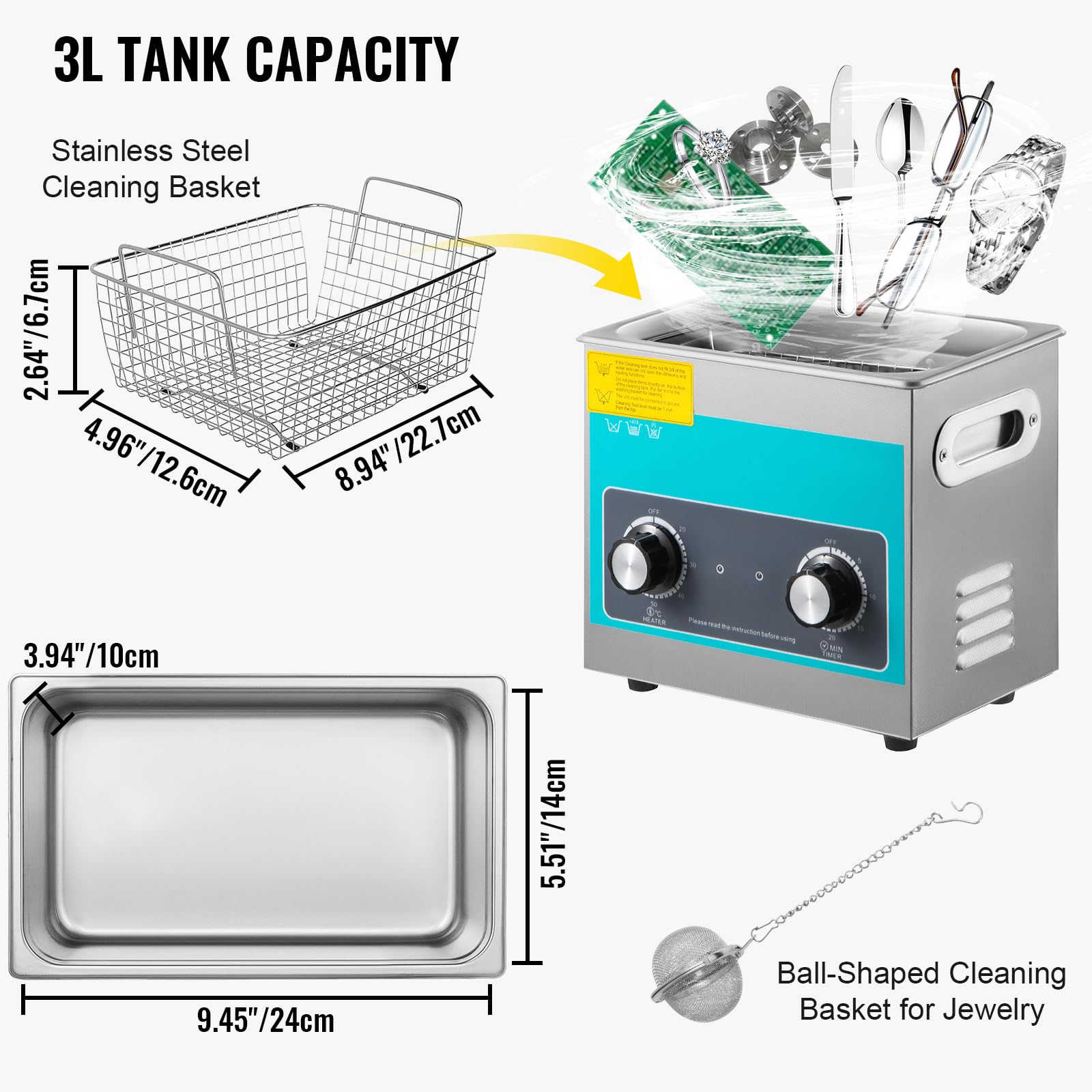 VEVOR 3L Ultrasonic Cleaner with Heater & Timer, 40kHz Stainless Steel Jewelry Cleaner for Eyeglasses, Watches, Rings - Perfect for Home, Jewelry Stores, and Dental Labs