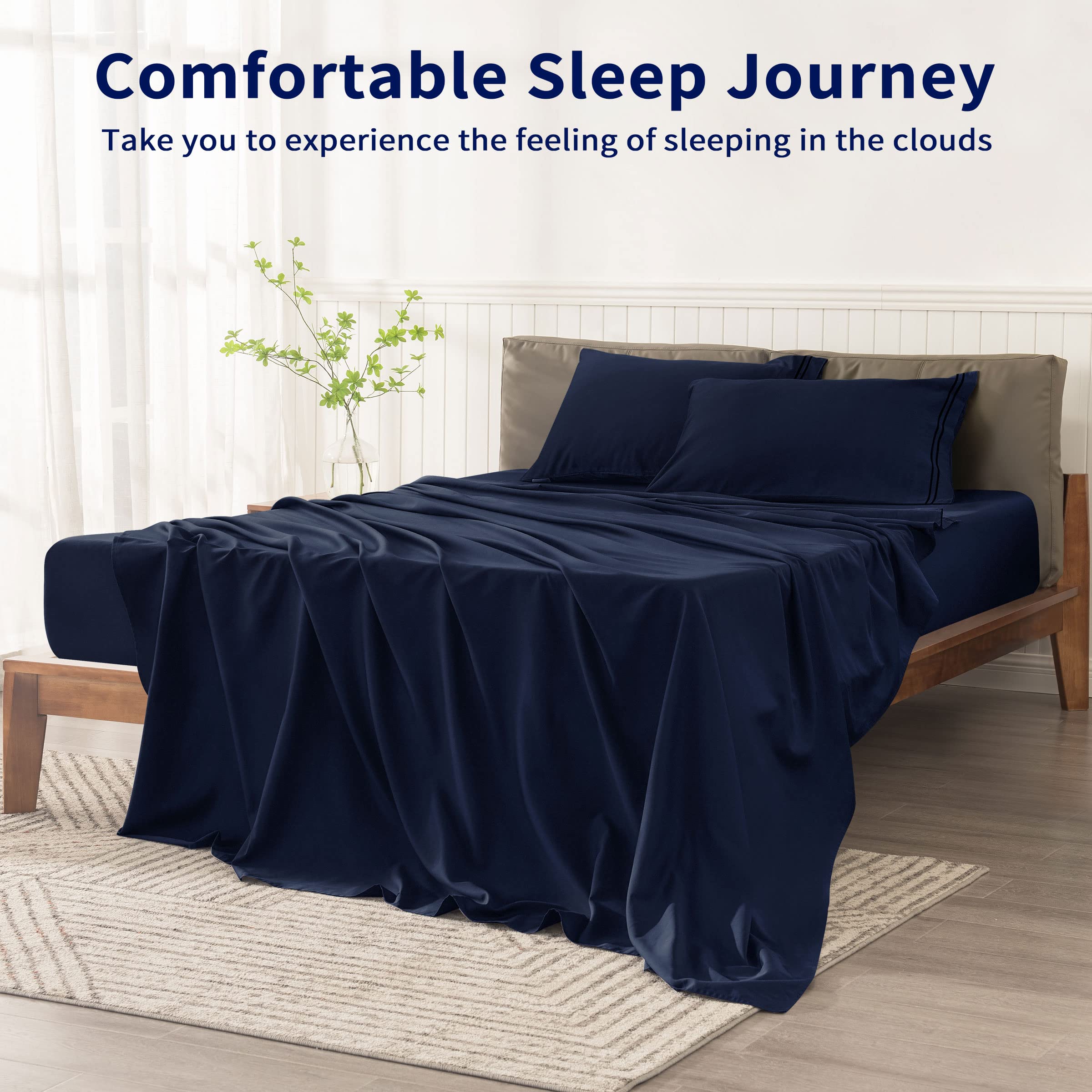 SUBRTEX 3-Piece Full Size Bed Sheet Set - 100% Cotton Tencel Blend Soft Breathable Bedding with Deep Pockets (Includes Fitted Sheet, Flat Sheet & Pillowcases) - Navy Blue Fade Resistant Machine Washable Sheets for Comfortable Sleep & Guest Bedrooms