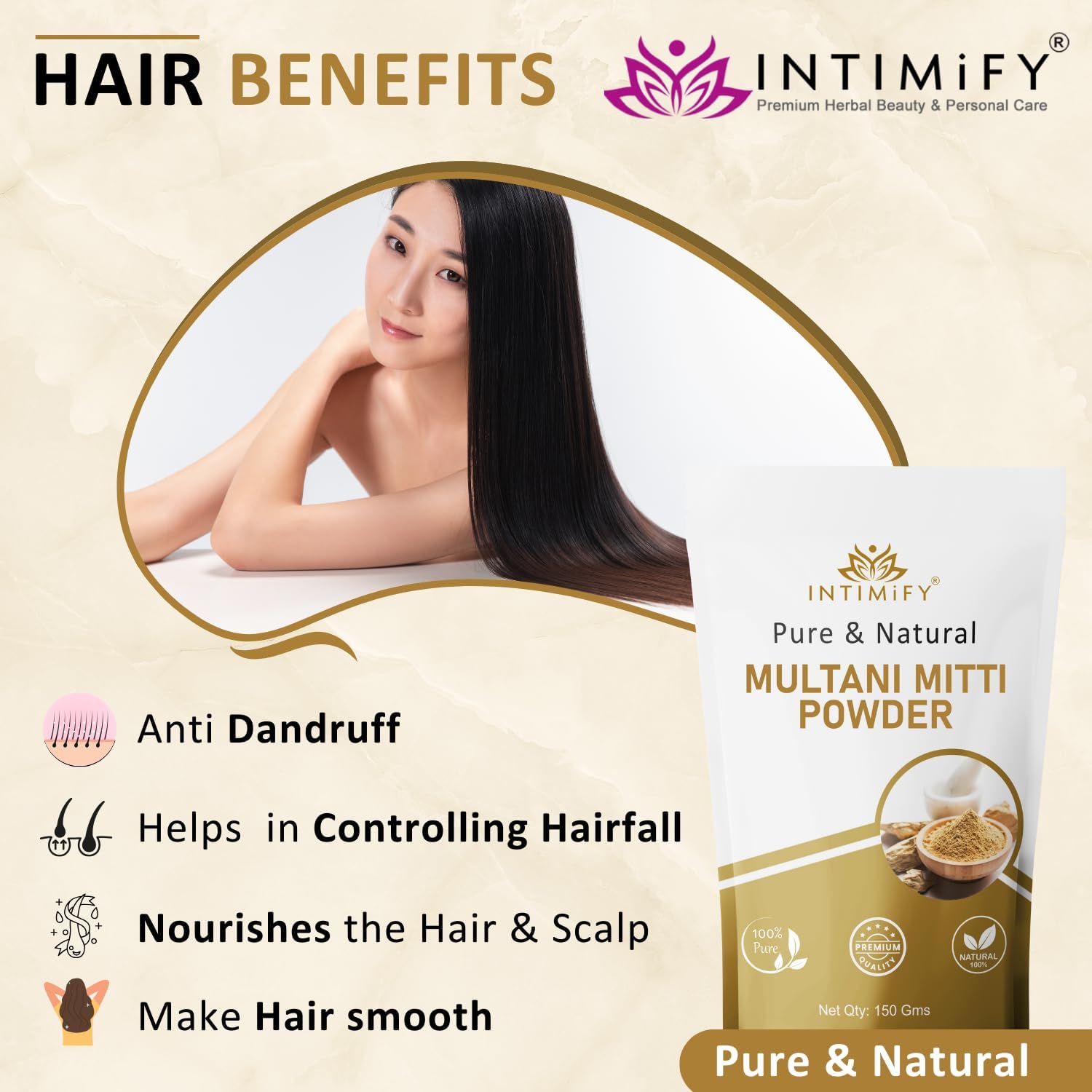 Inti.mify Pure Natural Multani Mitti Powder - Clay Face Mask for Pores, Blackheads & Acne | Hair Care Treatment | 150g | Deep Cleansing & Detoxifying for Glowing Skin | Perfect for Spa Days & At-Home Skincare Routines