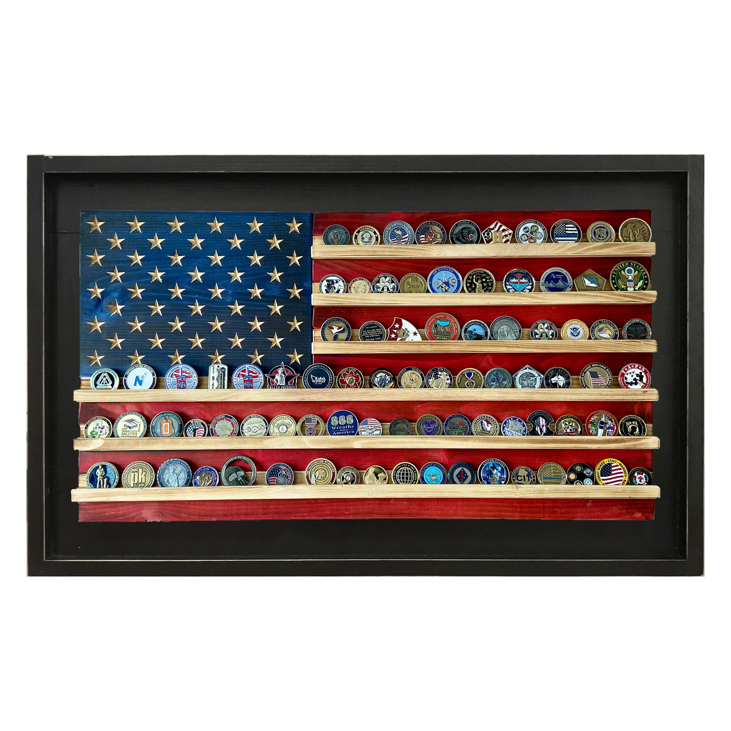 Flags of Valor Framed American Flag Challenge Coin Display - Holds 100 Military Coins | Veteran-Made USA Military Coin Holder Wall Decor | Patriotic Art Ready to Hang (Large 25