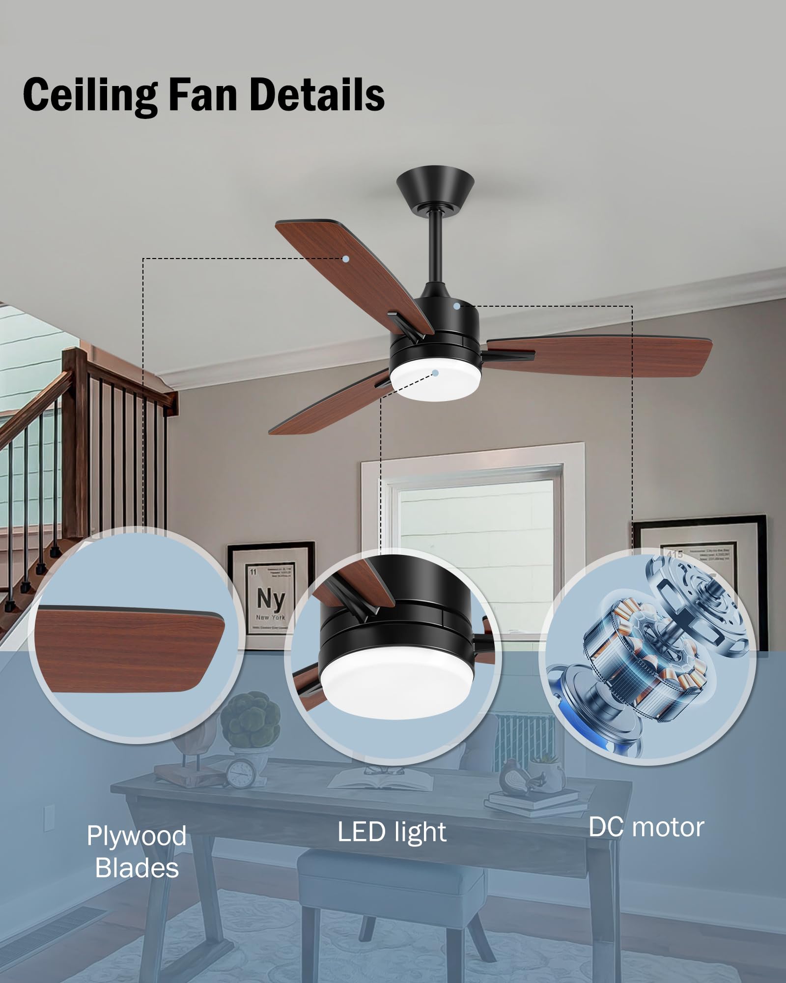 42 Inch Smart Ceiling Fan with Remote Control & LED Light - DC Motor, Reversible Blades, Indoor/Outdoor Use - Perfect for Bedroom, Farmhouse, Patio & Covered Outdoor Spaces