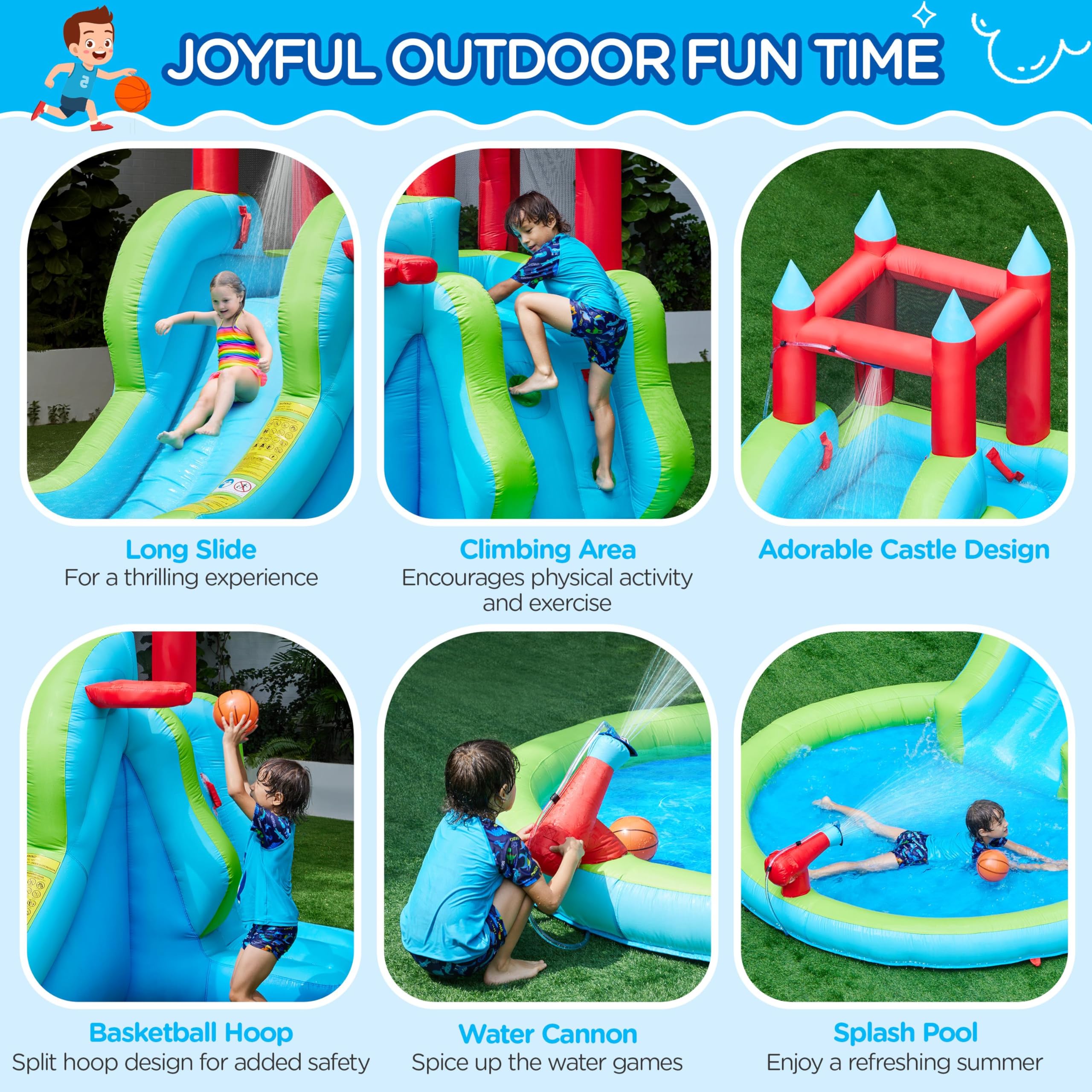 Yaheetech 5-in-1 Inflatable Water Slide for Kids Ages 3-8 | Outdoor Blow Up Bounce House with Water Cannon, Basketball Hoop, Climbing Wall & Storage Bag | Includes 350W Blower | Perfect for Backyard Parties, Summer Fun & Family Gatherings