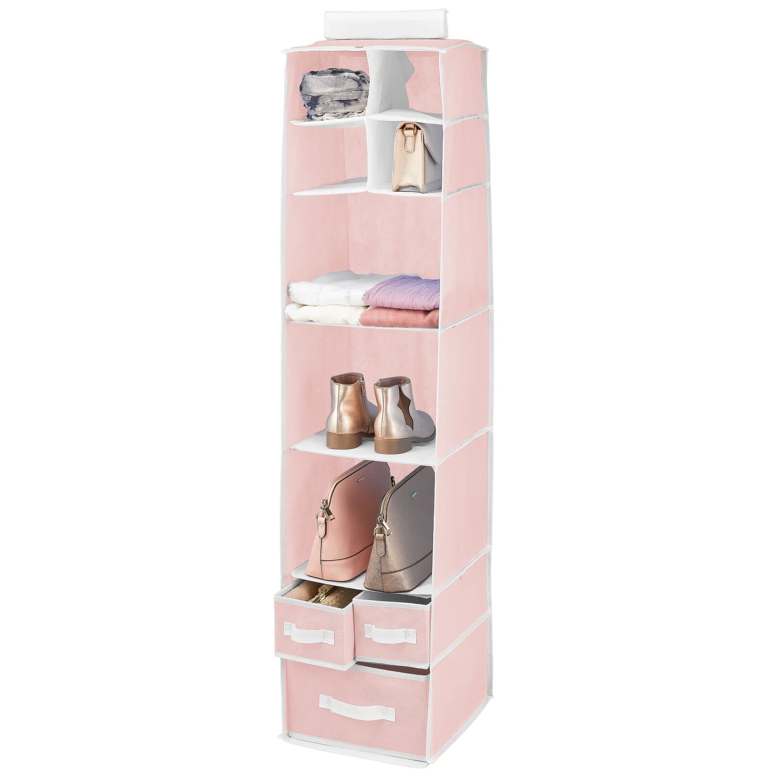 mDesign Fabric Hanging Organizer - 7 Shelves & 3 Drawers for Baby Nursery & Bedroom - Pink/White Jane Collection - Perfect for Clothes, Toys & Accessories Storage