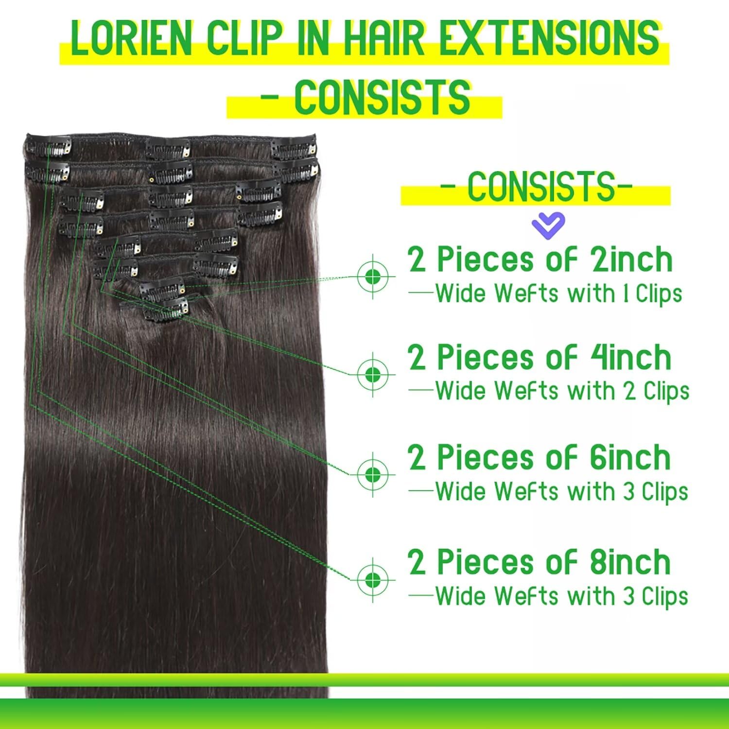 LORIEN 16 Inch Clip-in Human Hair Extensions - 100% Brazilian Remy Hair, 1B Natural Black, 90g 8-Piece Set with 18 Double Weft Clips for Volume & Length | Perfect for Parties, Weddings & Daily Styling