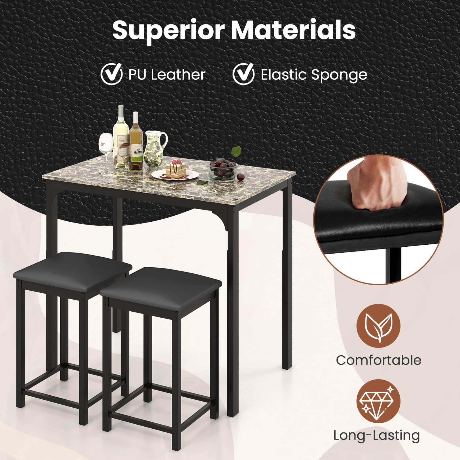 Giantex 3-Piece Dining Table Set with Faux Marble Tabletop & 2 Chairs - Modern Kitchen Table for Small Spaces, Breakfast Nook, Apartment, Restaurant, or Cafe (Beige & Black) - Perfect for Home, Office, and Commercial Use